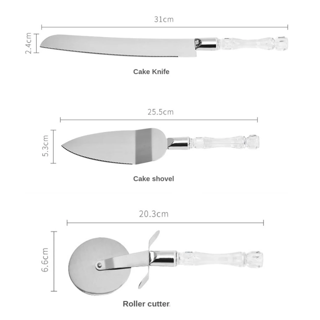 Acrylic Handle Baking Kit - Knife + Lifter + Cutter 3pp (Knife: 30x2.5cm, Lifter: 25x4.5cm, Cutter: 20x7cm) — view 2