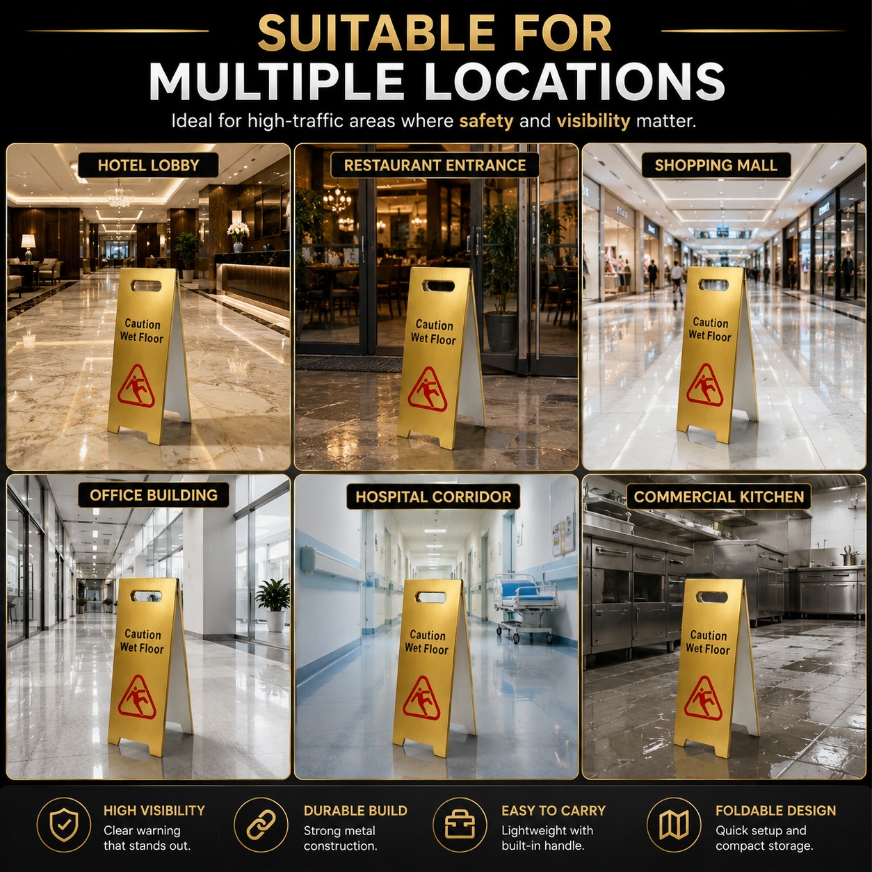 Golden Metal Sign Board - Caution Wet Floor — view 3