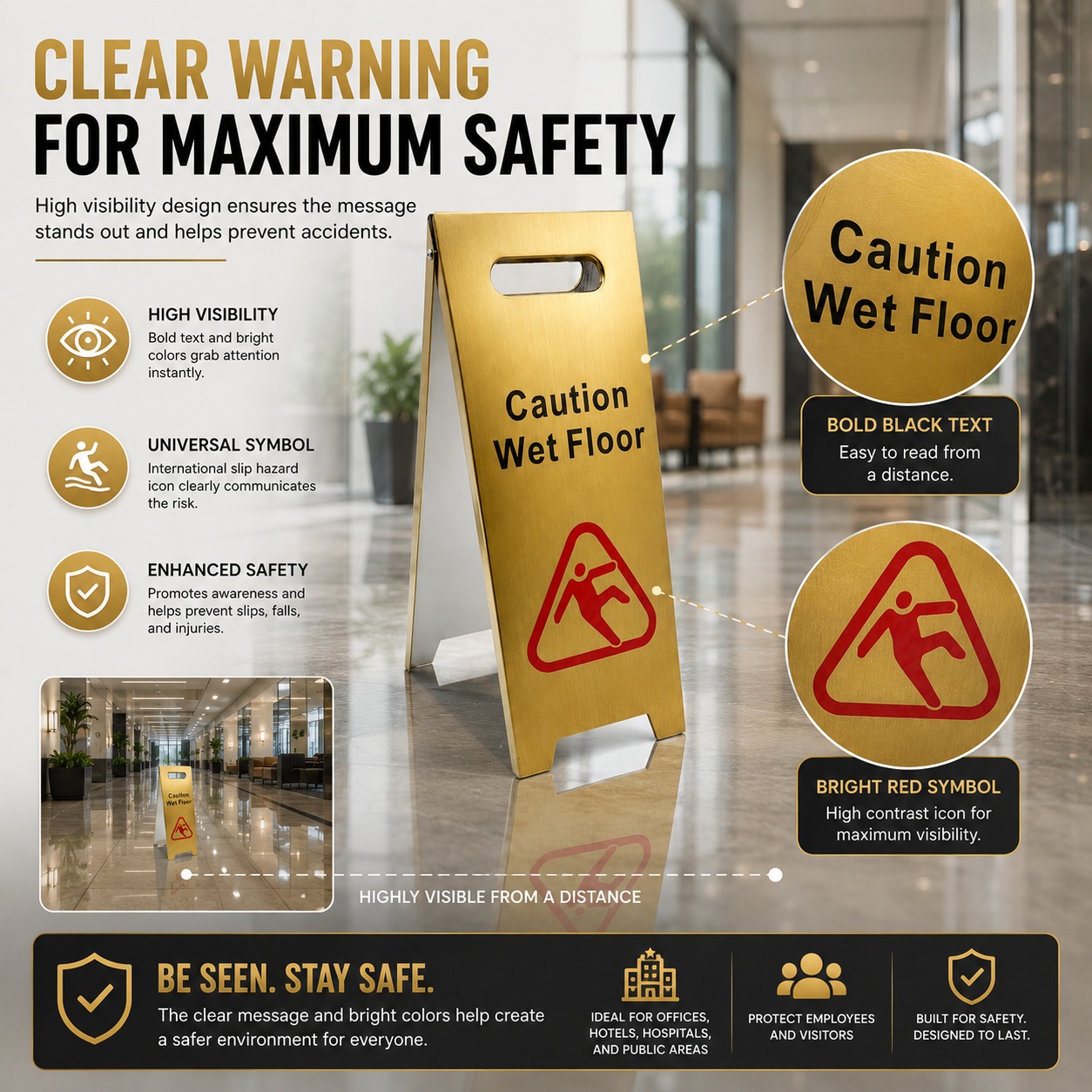 Golden Metal Sign Board - Caution Wet Floor — view 4