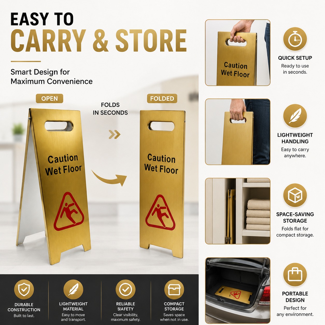 Golden Metal Sign Board - Caution Wet Floor — view 5