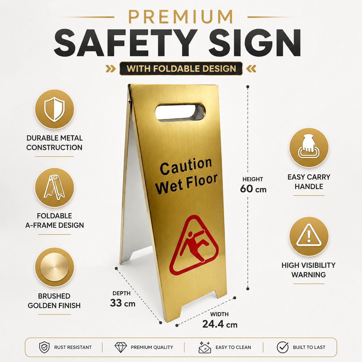 Golden Metal Sign Board - Caution Wet Floor — view 2