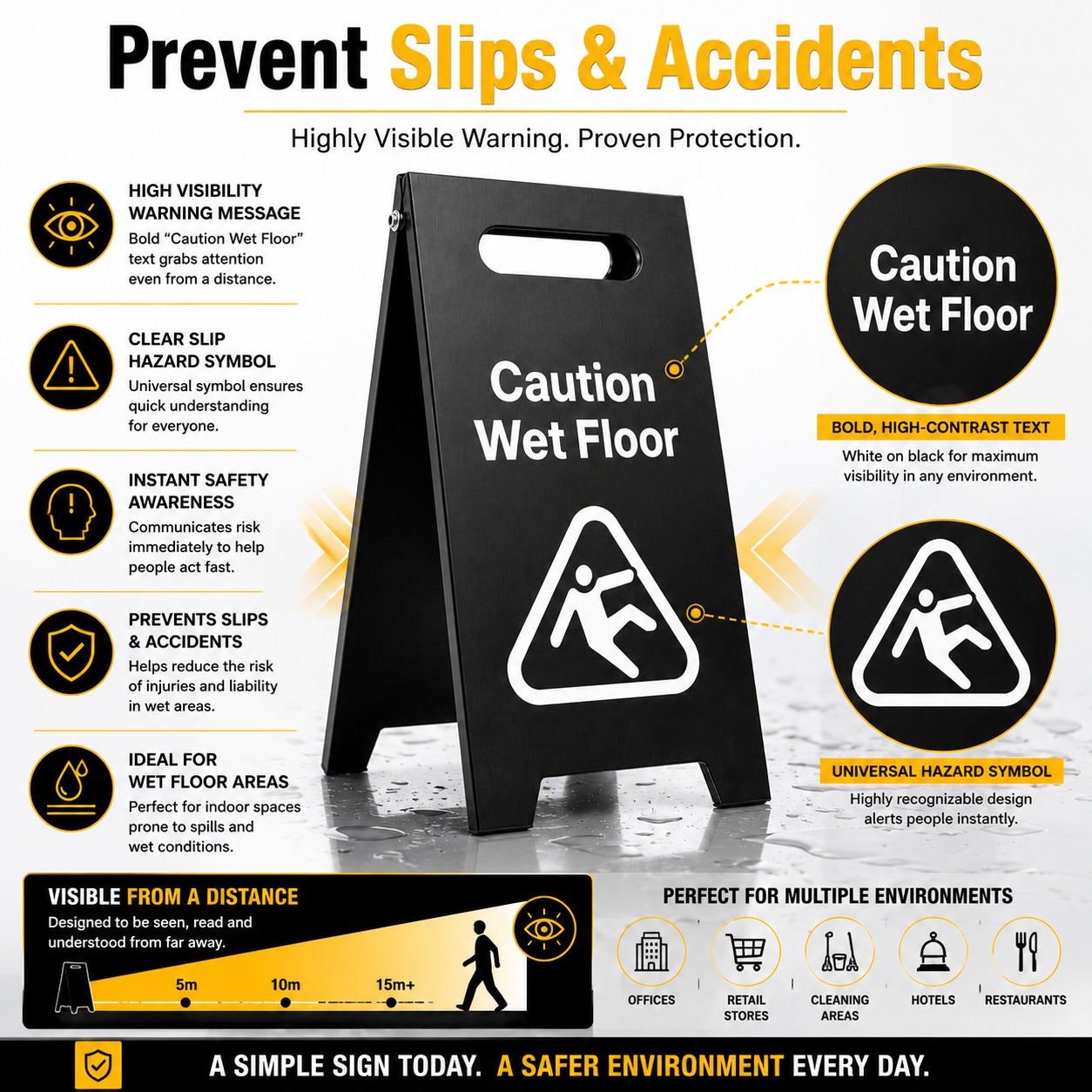 Black Metal Sign Board - Caution Wet Floor — view 4