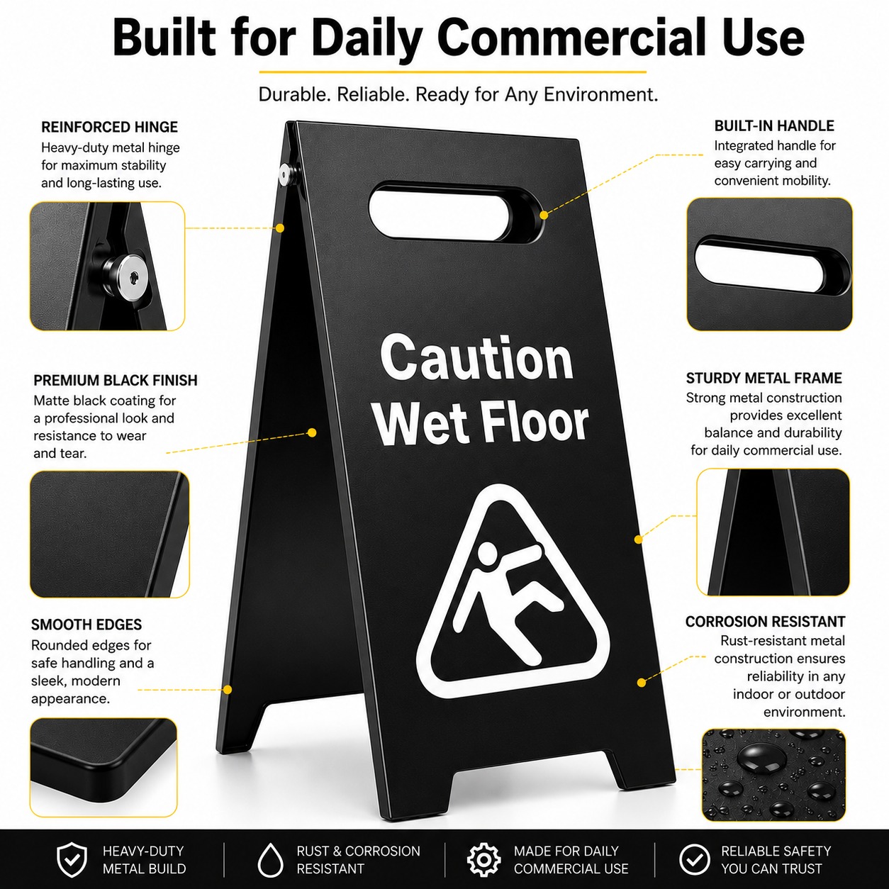 Black Metal Sign Board - Caution Wet Floor — view 6