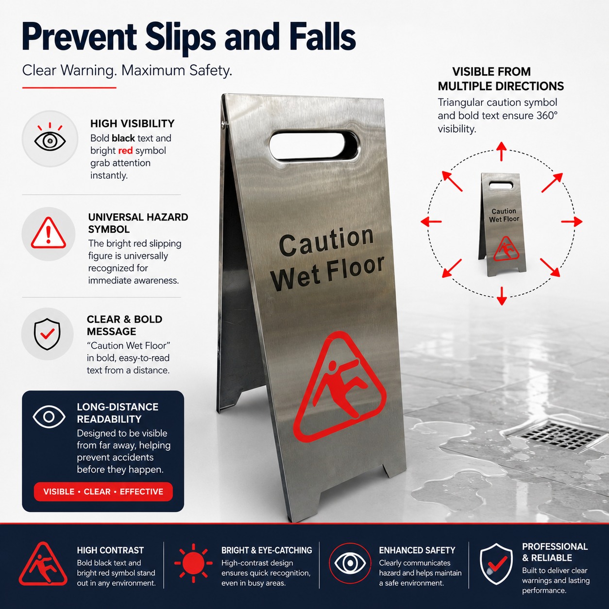 Silver Metal Sign Board - Caution Wet Floor — view 4
