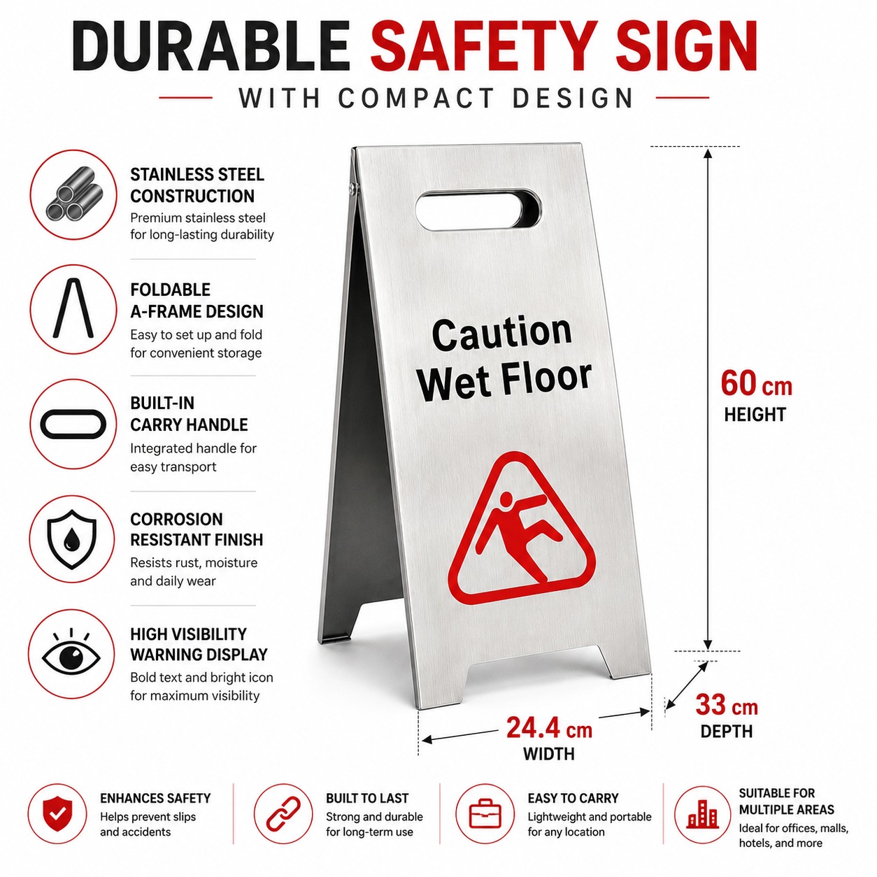Silver Metal Sign Board - Caution Wet Floor — view 2