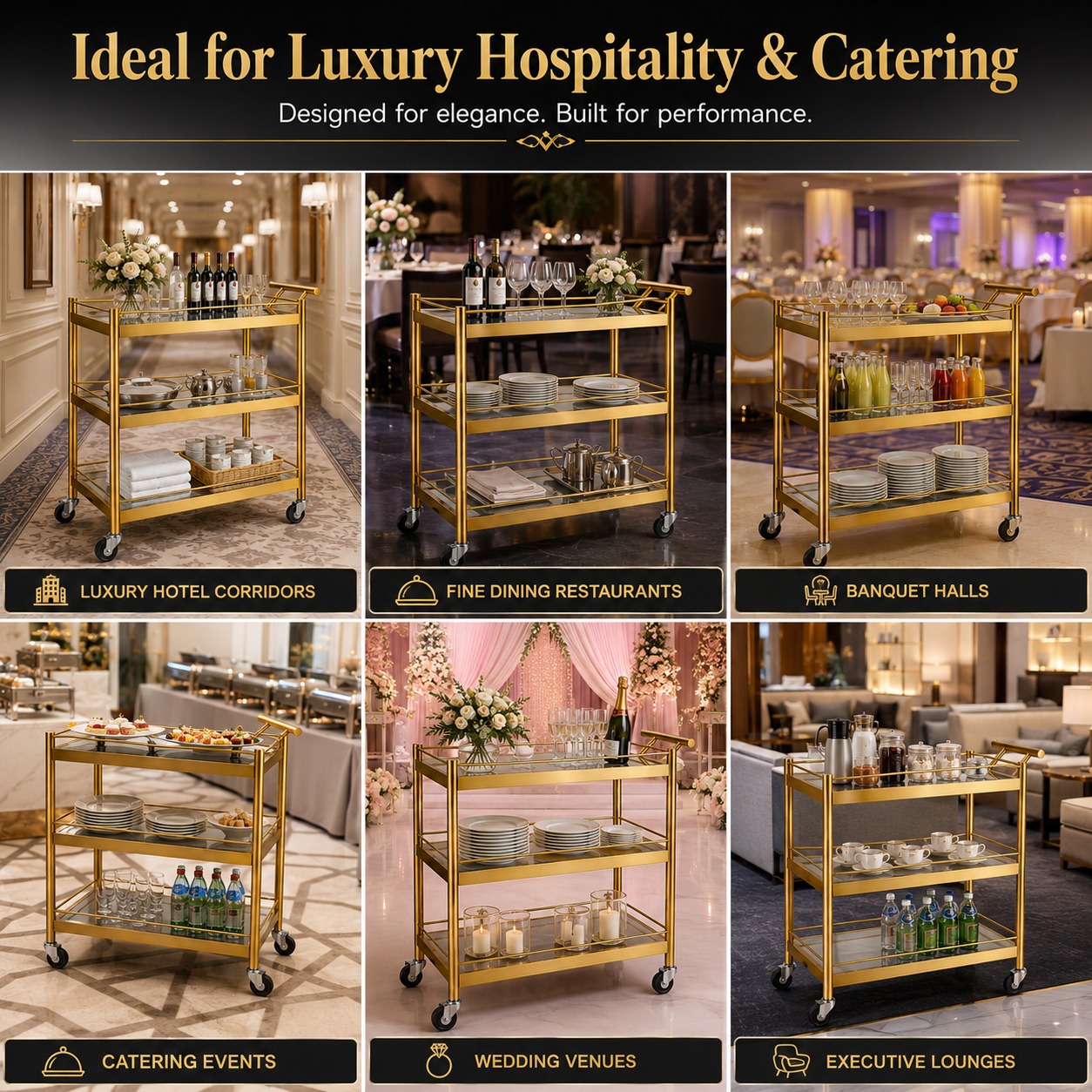 Ultra Premium 3 Layers Golden Rectangle Service Trolley - New Model — view 4