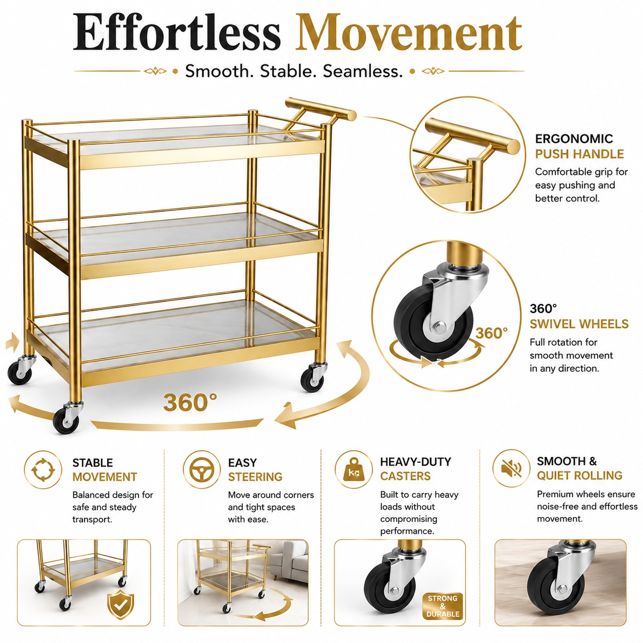 Ultra Premium 3 Layers Golden Rectangle Service Trolley - New Model — view 5