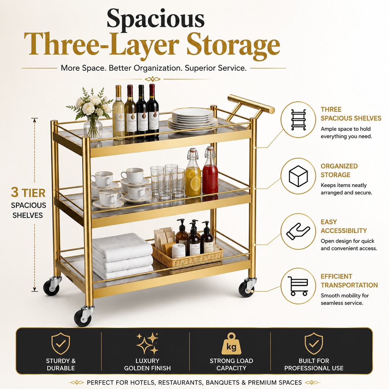 Ultra Premium 3 Layers Golden Rectangle Service Trolley - New Model — view 6