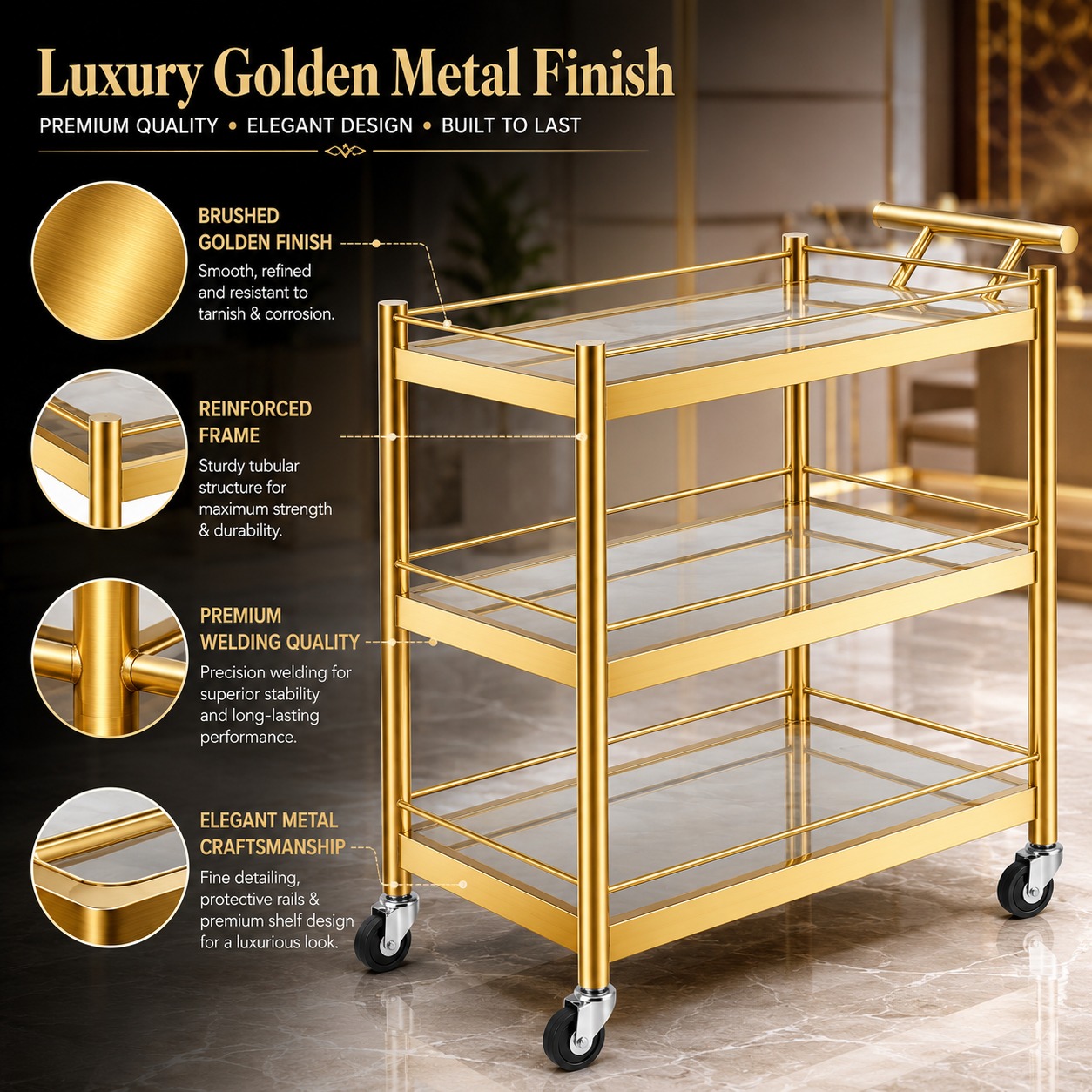 Ultra Premium 3 Layers Golden Rectangle Service Trolley - New Model — view 7