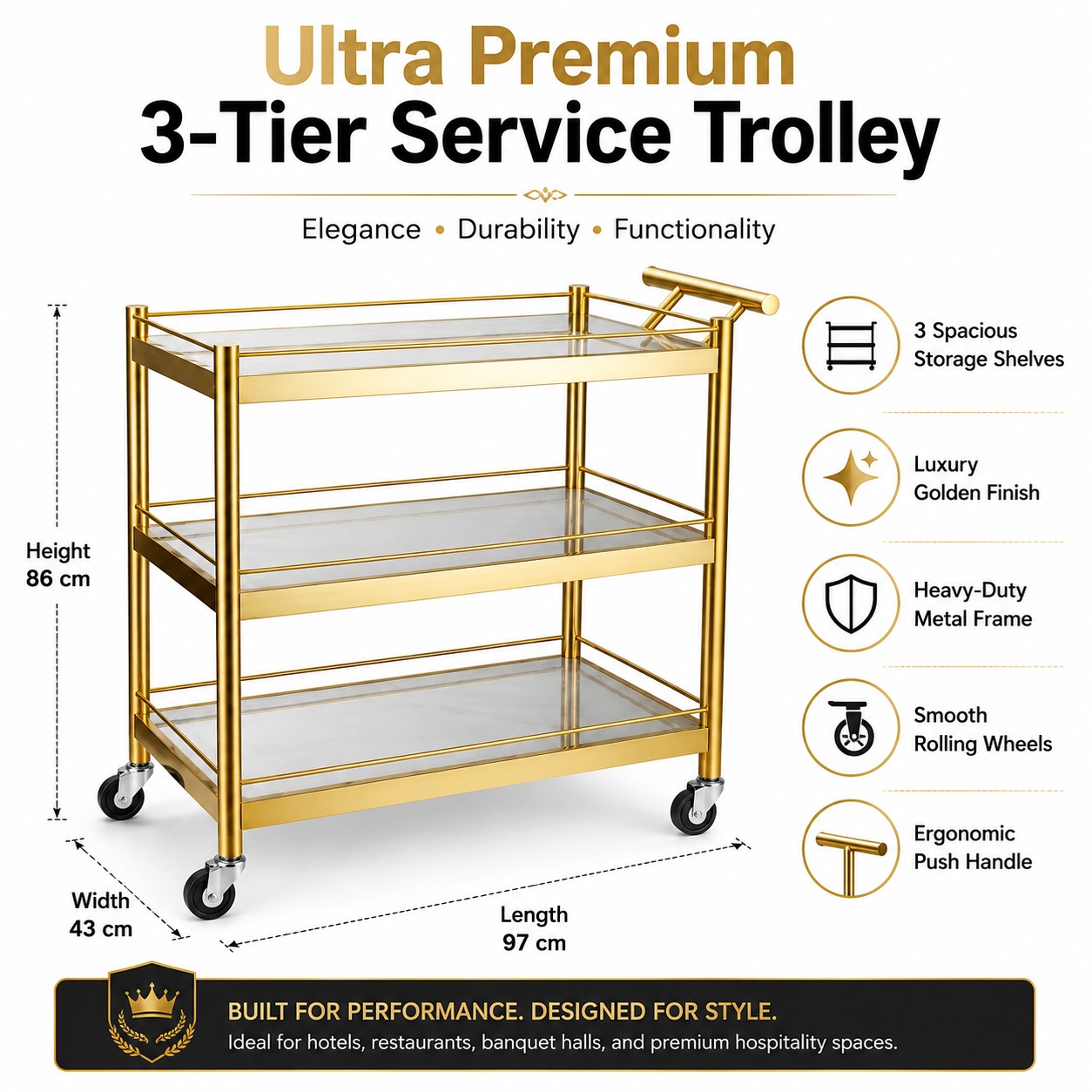 Ultra Premium 3 Layers Golden Rectangle Service Trolley - New Model — view 2