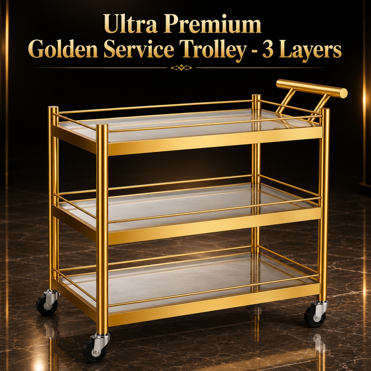 Ultra Premium 3 Layers Golden Rectangle Service Trolley - New Model