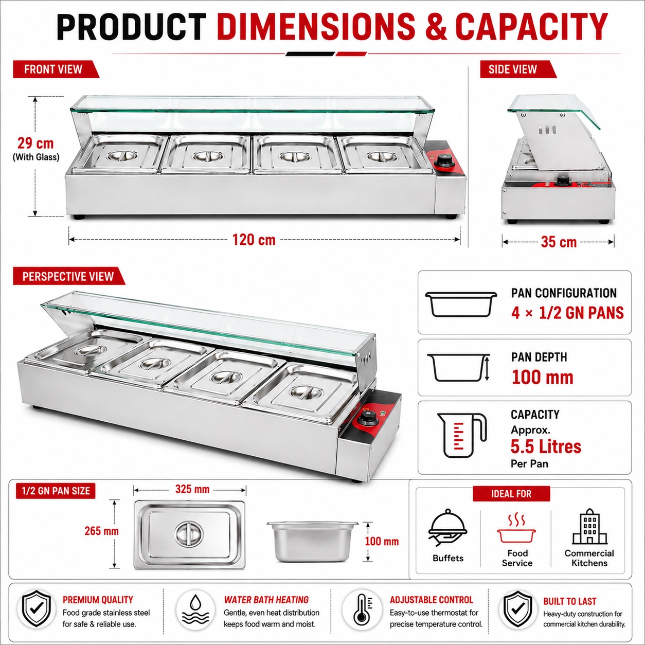 Electric Bain Marie with Glass - 4 Compartments (4 GN Pans of 1/2 100mm ~ 5.5L/Pan) — view 2