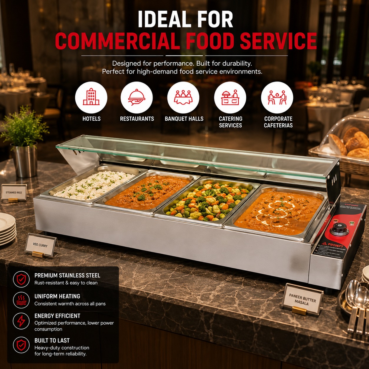 Electric Bain Marie with Glass - 4 Compartments (4 GN Pans of 1/2 100mm ~ 5.5L/Pan) — view 7