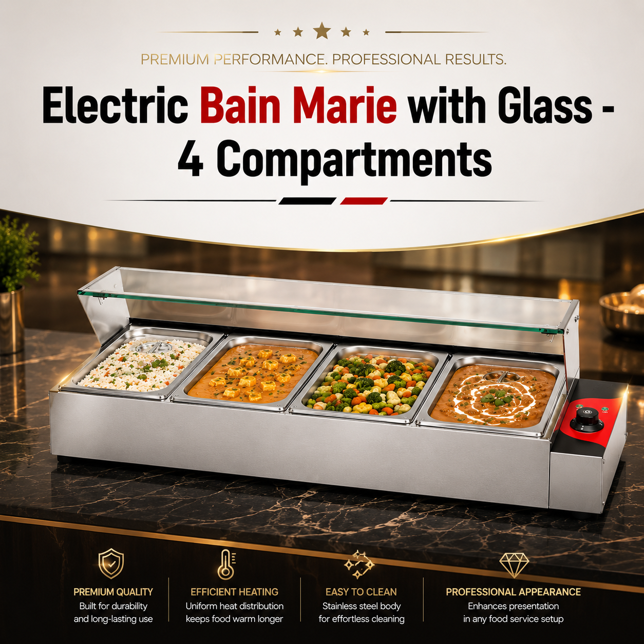 Electric Bain Marie with Glass - 4 Compartments (4 GN Pans of 1/2 100mm ~ 5.5L/Pan)