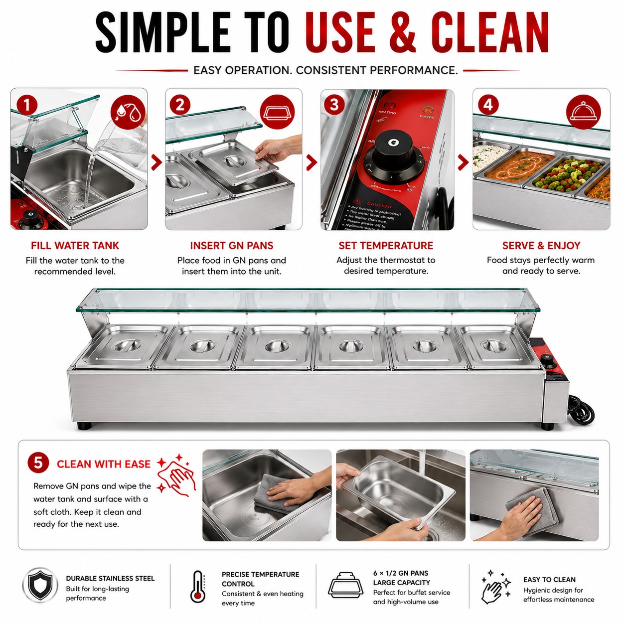 Electric Bain Marie with Glass - 6 Compartments (6 GN Pans of 1/2 100mm ~ 5.5L/Pan) — view 5