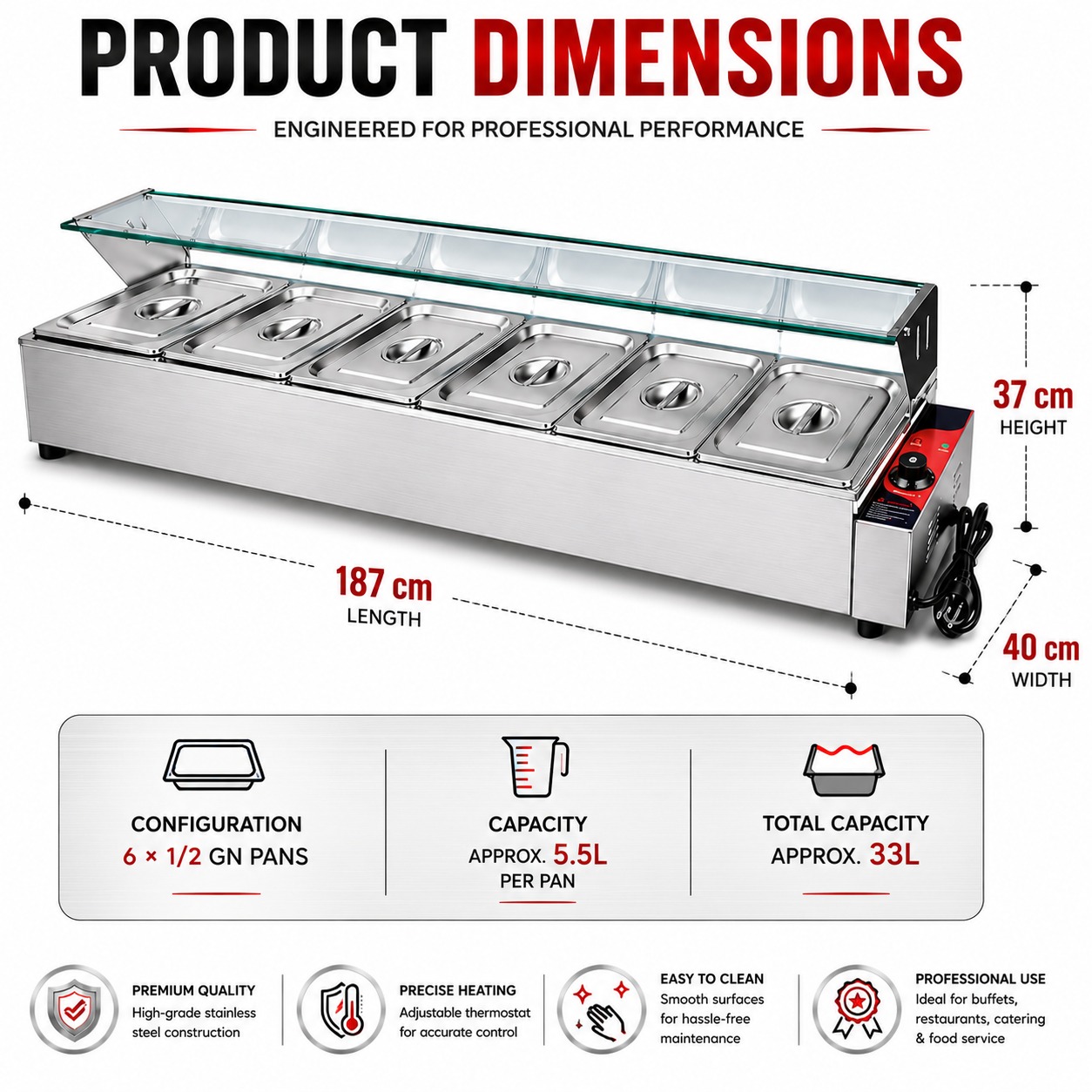 Electric Bain Marie with Glass - 6 Compartments (6 GN Pans of 1/2 100mm ~ 5.5L/Pan) — view 2