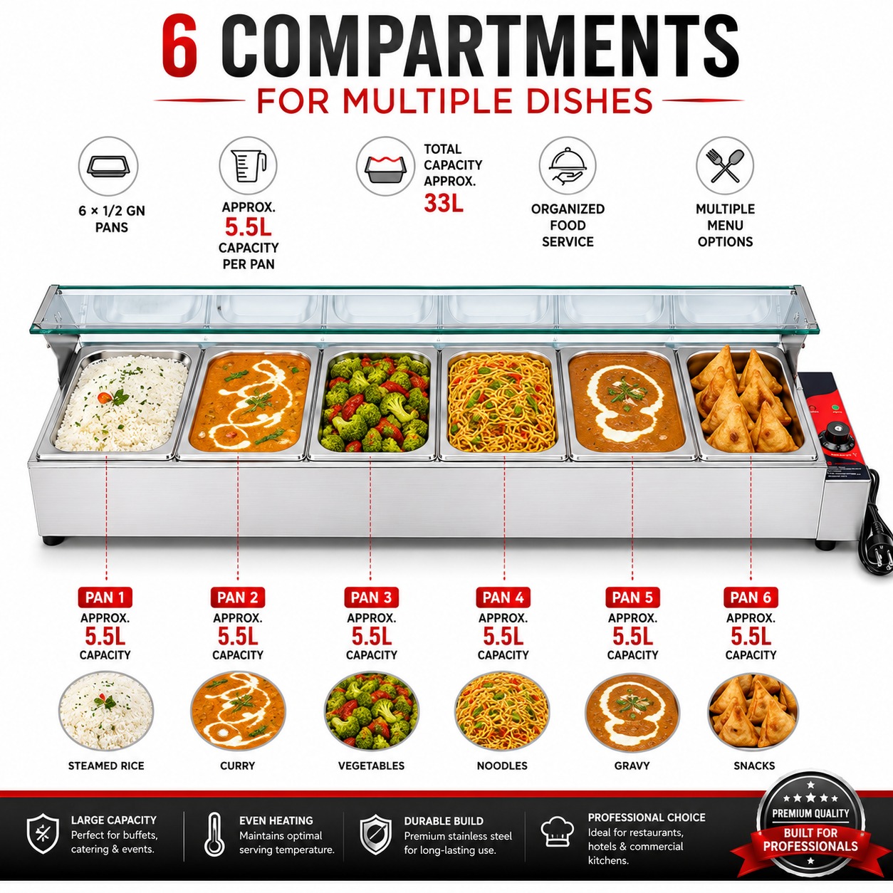 Electric Bain Marie with Glass - 6 Compartments (6 GN Pans of 1/2 100mm ~ 5.5L/Pan) — view 7