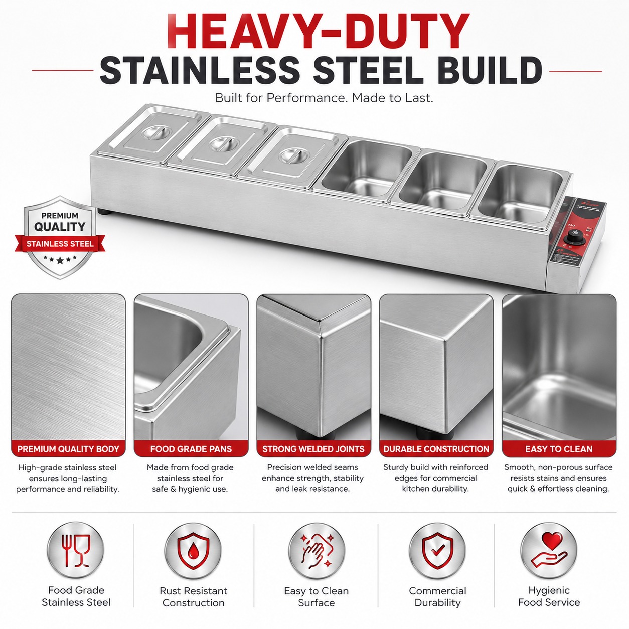 Electric Bain Marie without Glass - 6 Compartments Straight Model (6 GN Pans of 1/2 150mm ~ 8.5L/Pan) — view 5
