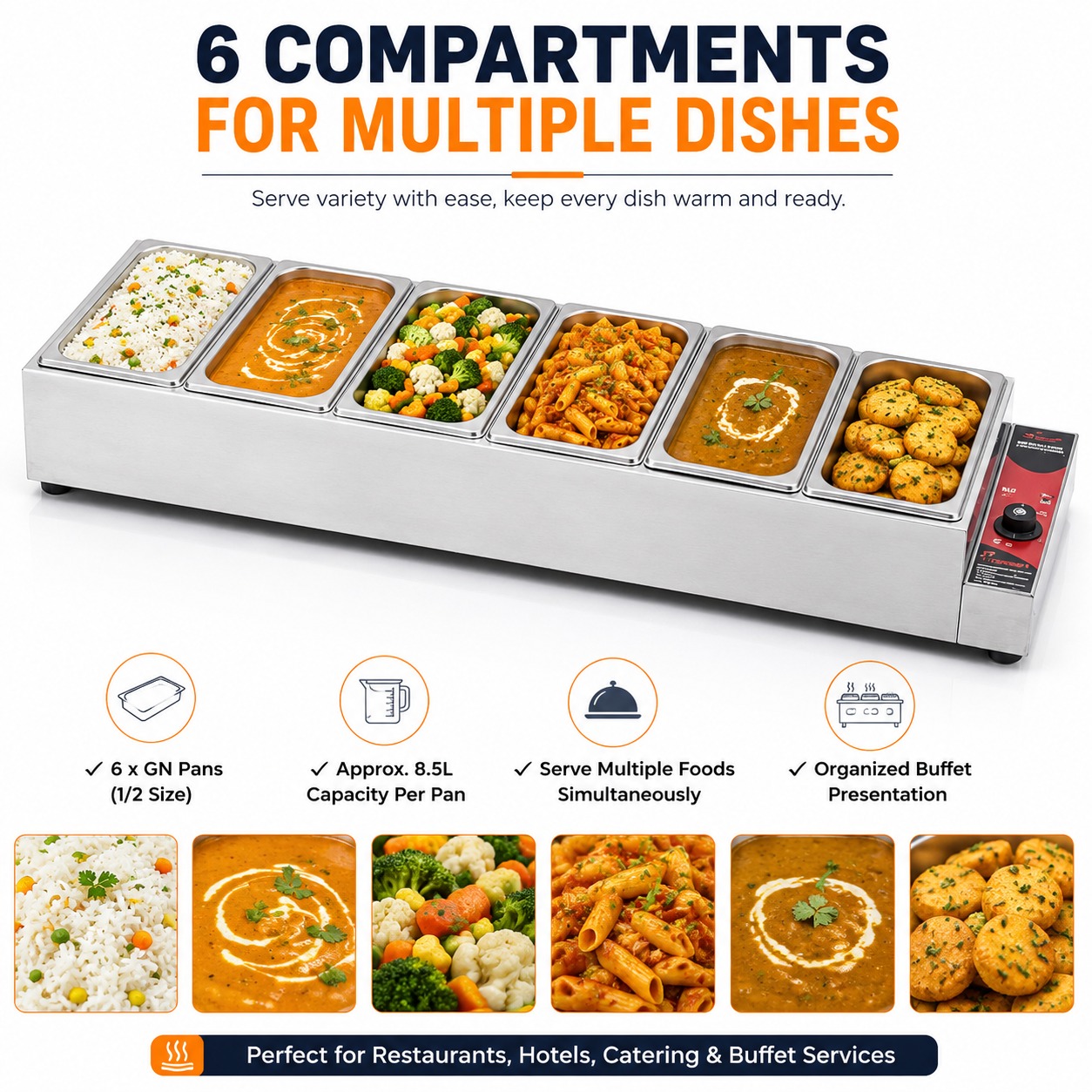 Electric Bain Marie without Glass - 6 Compartments Straight Model (6 GN Pans of 1/2 150mm ~ 8.5L/Pan) — view 6