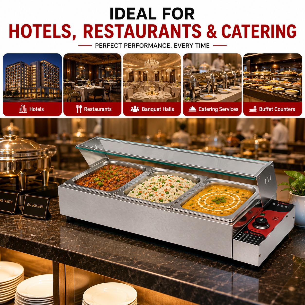 Electric Bain Marie with Glass - 3 Compartments (3 GN Pans of 1/2 150mm ~ 8.5L/Pan) — view 6