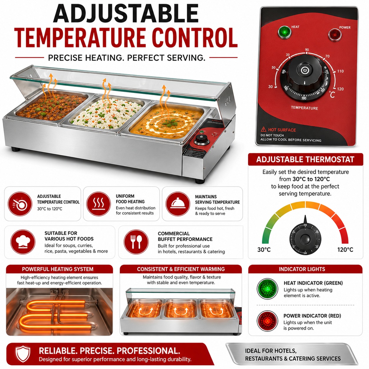 Electric Bain Marie with Glass - 3 Compartments (3 GN Pans of 1/2 150mm ~ 8.5L/Pan) — view 7
