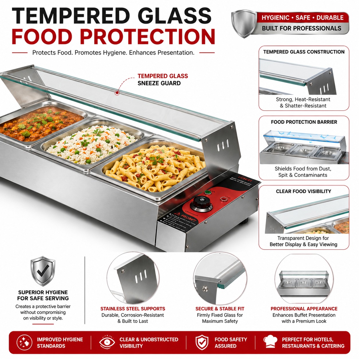 Electric Bain Marie with Glass - 3 Compartments (3 GN Pans of 1/2 150mm ~ 8.5L/Pan) — view 8