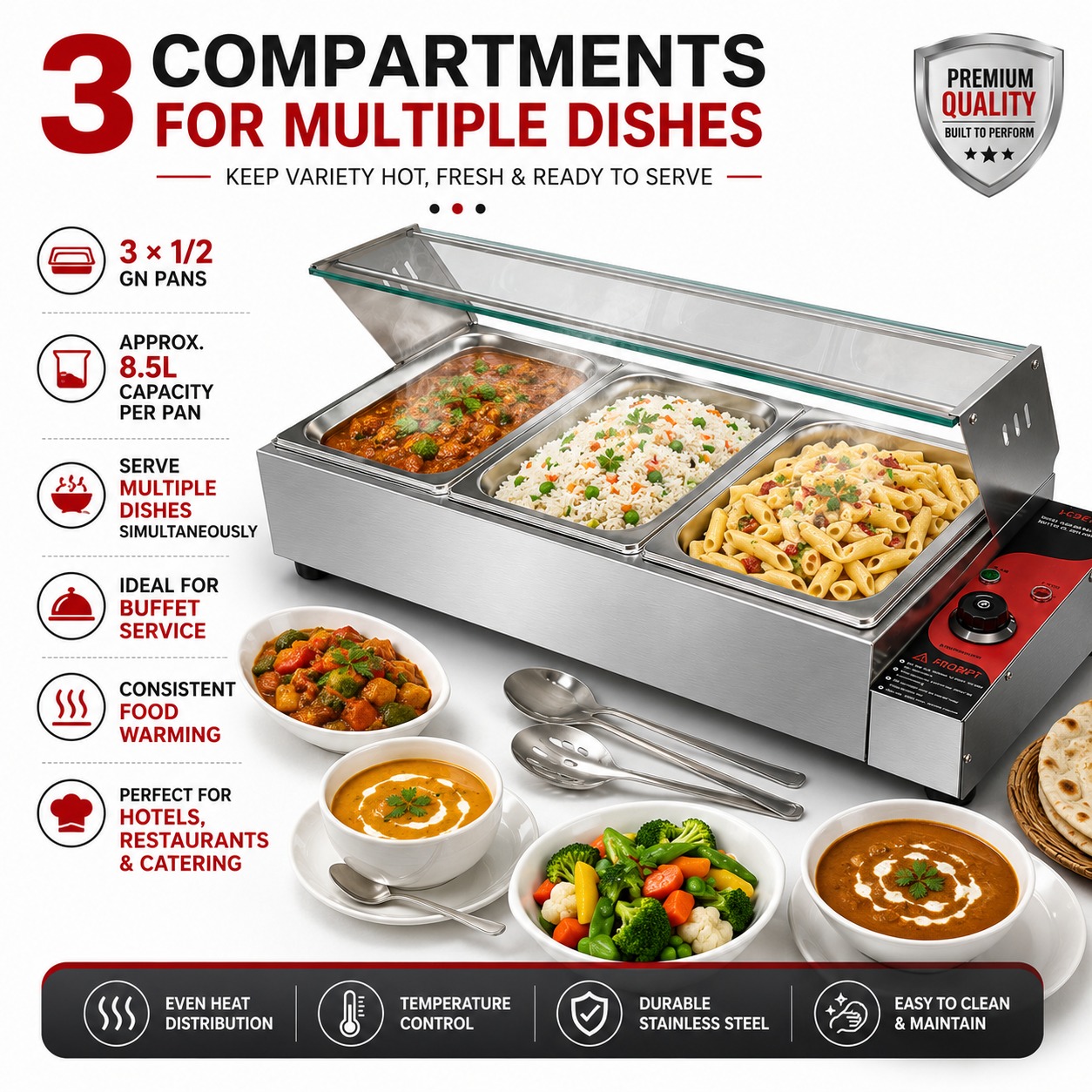 Electric Bain Marie with Glass - 3 Compartments (3 GN Pans of 1/2 150mm ~ 8.5L/Pan) — view 9