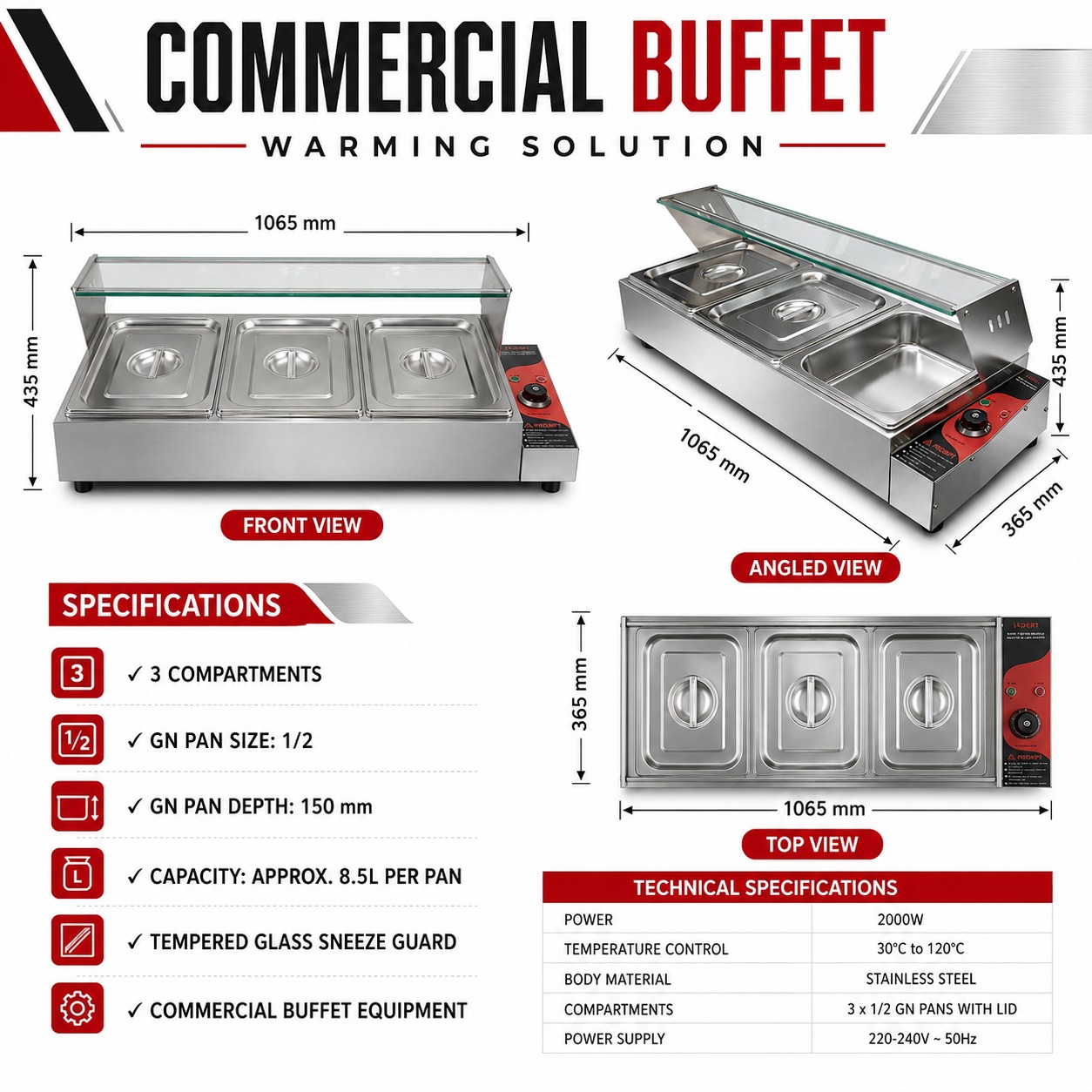Electric Bain Marie with Glass - 3 Compartments (3 GN Pans of 1/2 150mm ~ 8.5L/Pan) — view 2