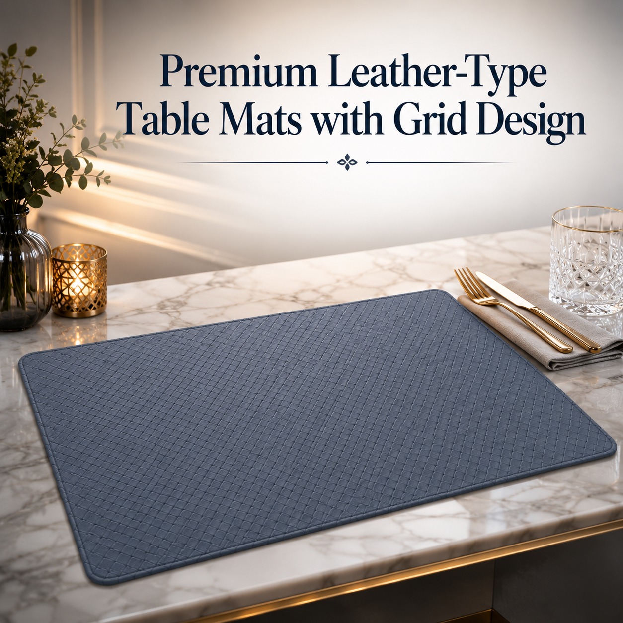 Premium Leather Type Table Mats with Grid Design — Bluish Gray