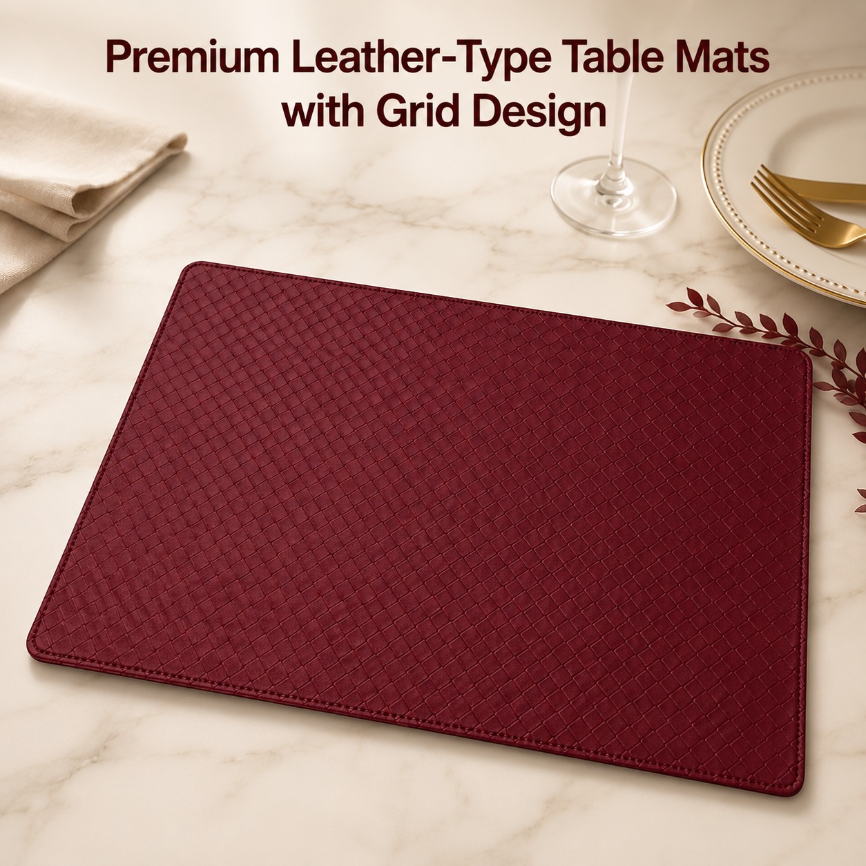 Premium Leather Type Table Mats with Grid Design — Burgundy