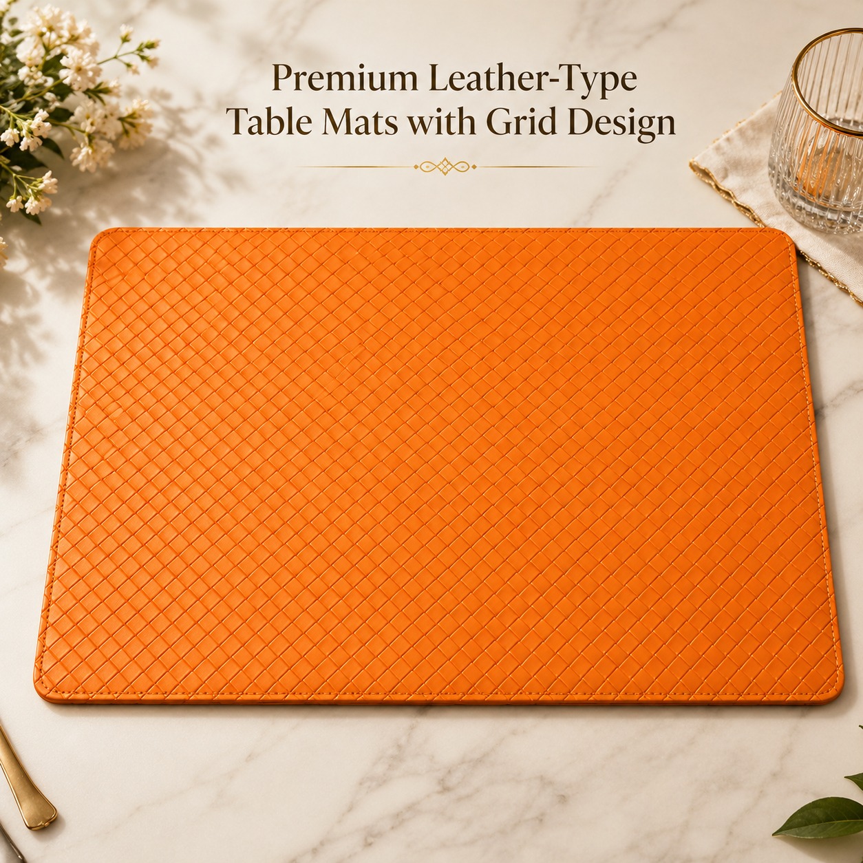 Premium Leather Type Table Mats with Grid Design — Orange