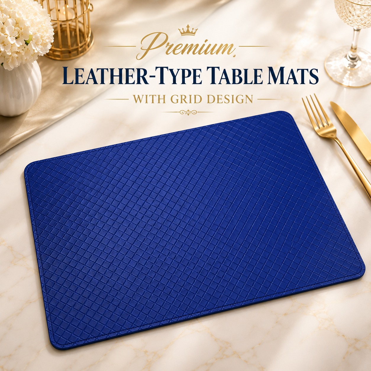 Premium Leather Type Table Mats with Grid Design — Royal Blue