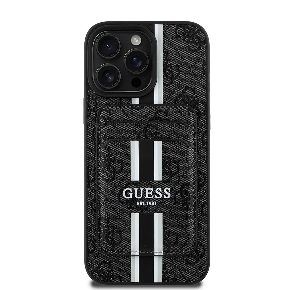 Guess iPhone 16 Pro Orjinal Lisanslı Magsafe 4G Desenli Çizgili Kartlıklı Telefon Kılıfı Siyah