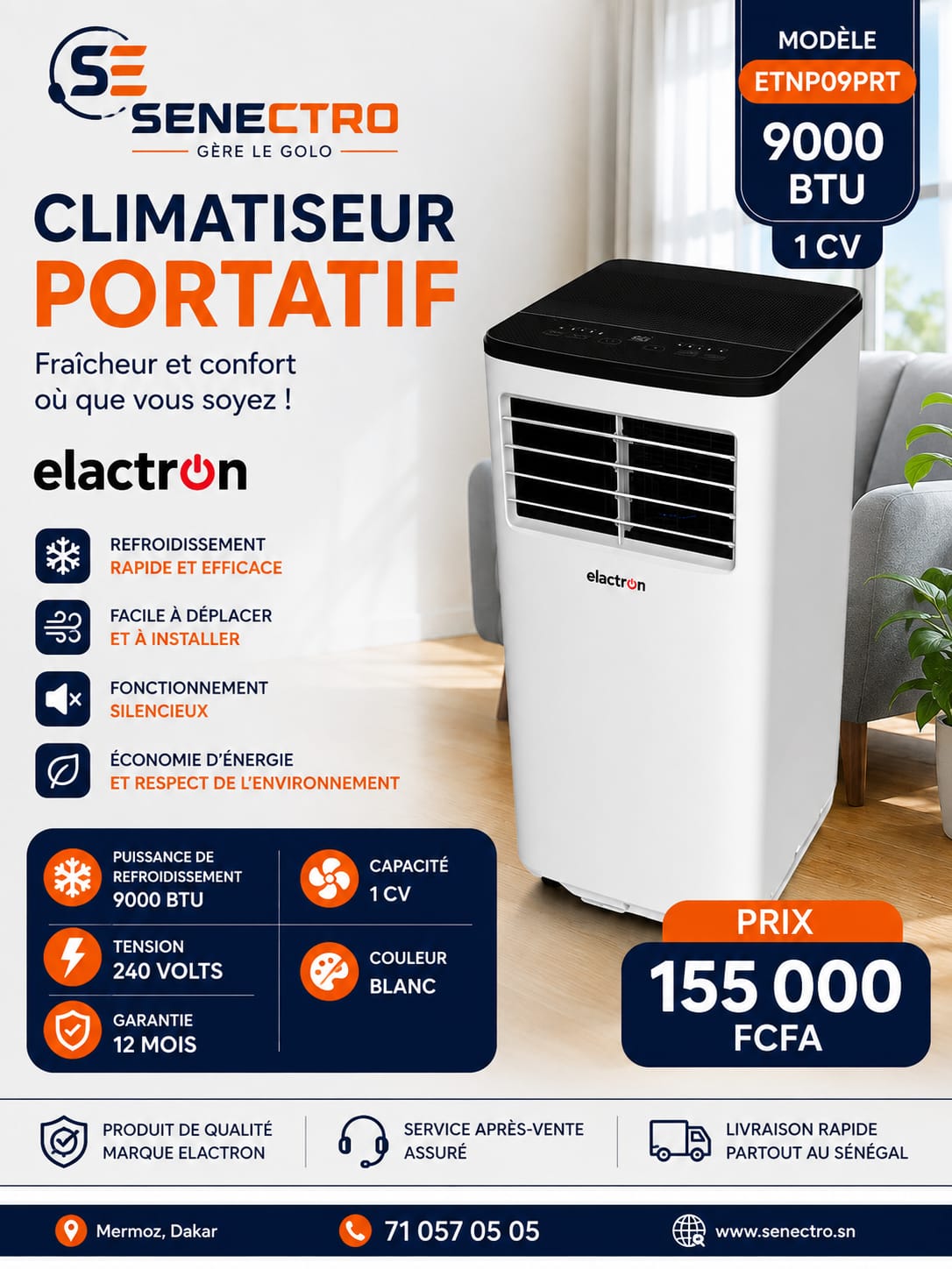 Climatiseur Portatif Elactron ETNP09PRT – 9000 BTU, 1 CV