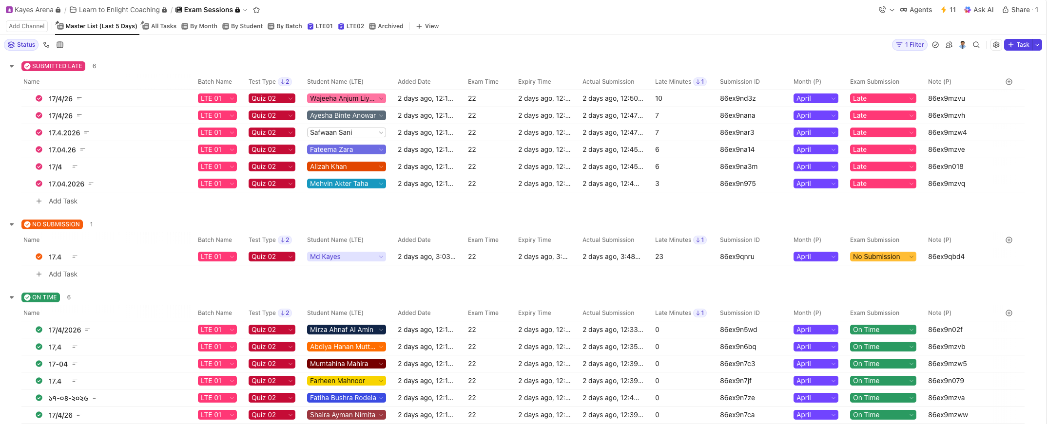 Exam submission tracker