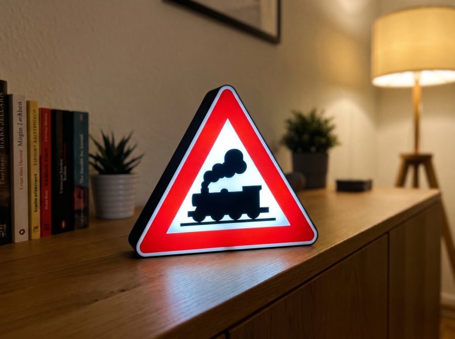 Bahnübergang-Lampe leuchtet im Wohnzimmer eines Kunden