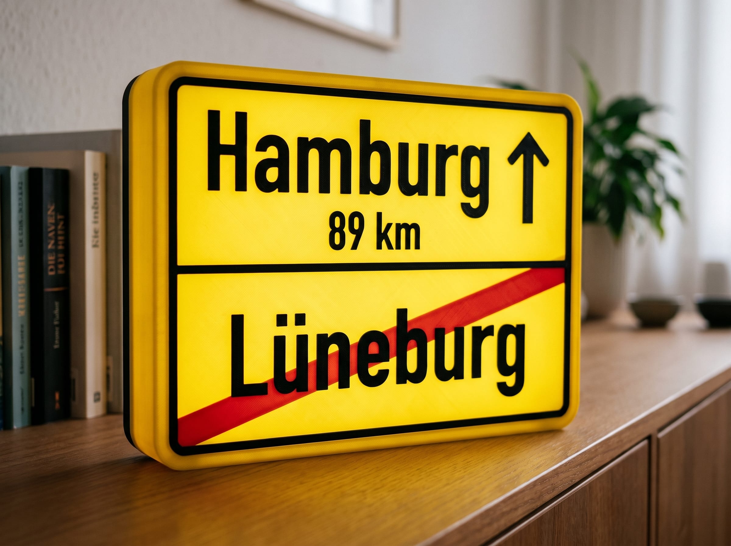 Leuchtende Ortsausgangsschild-Lampe mit Ziel Hamburg und durchgestrichener Heimatstadt Lüneburg auf einem Sideboard im Wohnzimmer