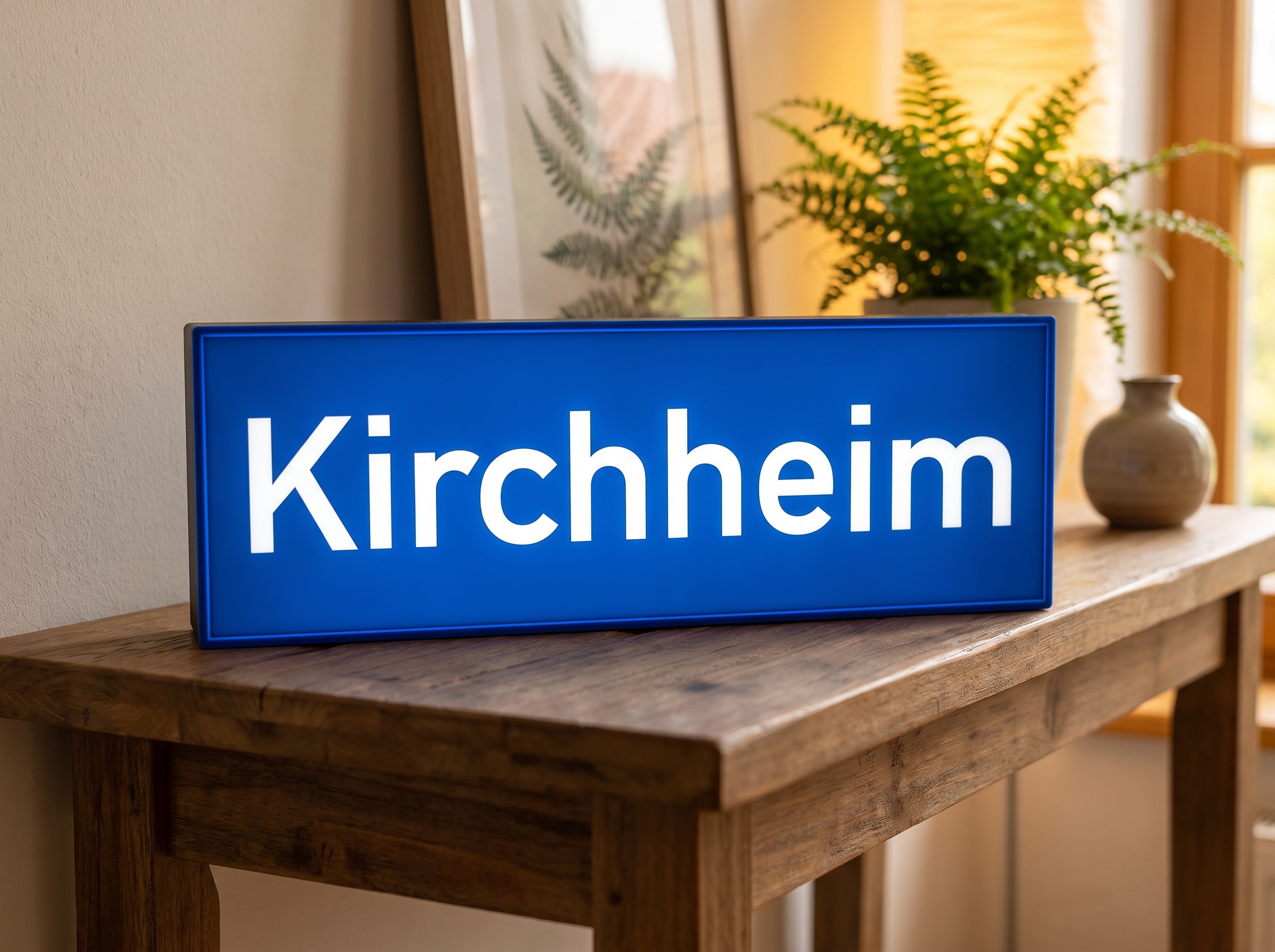 Leuchtende Bahnhofsschild-Lampe mit dem Schriftzug Friedrichstraße in DB-Blau auf einer Konsole im Flur