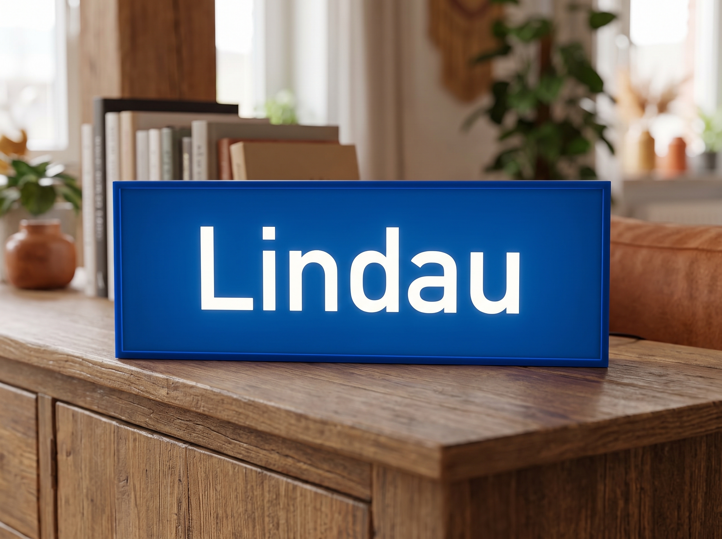 Leuchtende Bahnhofsschild-Lampe mit dem Schriftzug Hauptbahnhof in DB-Blau auf einem Sideboard im Wohnzimmer