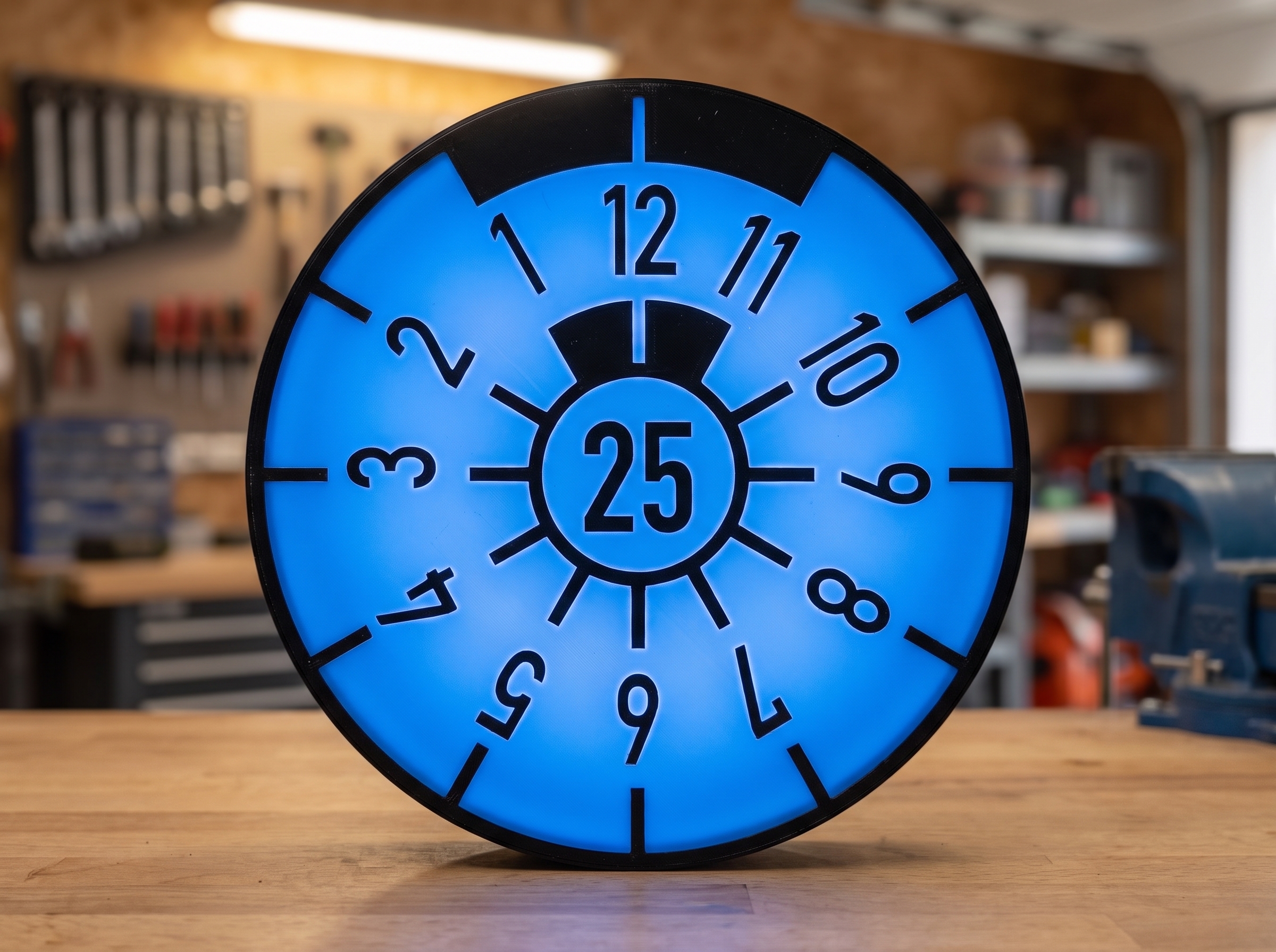 Leuchtende HU-Plakette-Lampe in Orange mit Ziffer 98 als Geschenk zum Erstzulassungsjahr eines Oldtimers