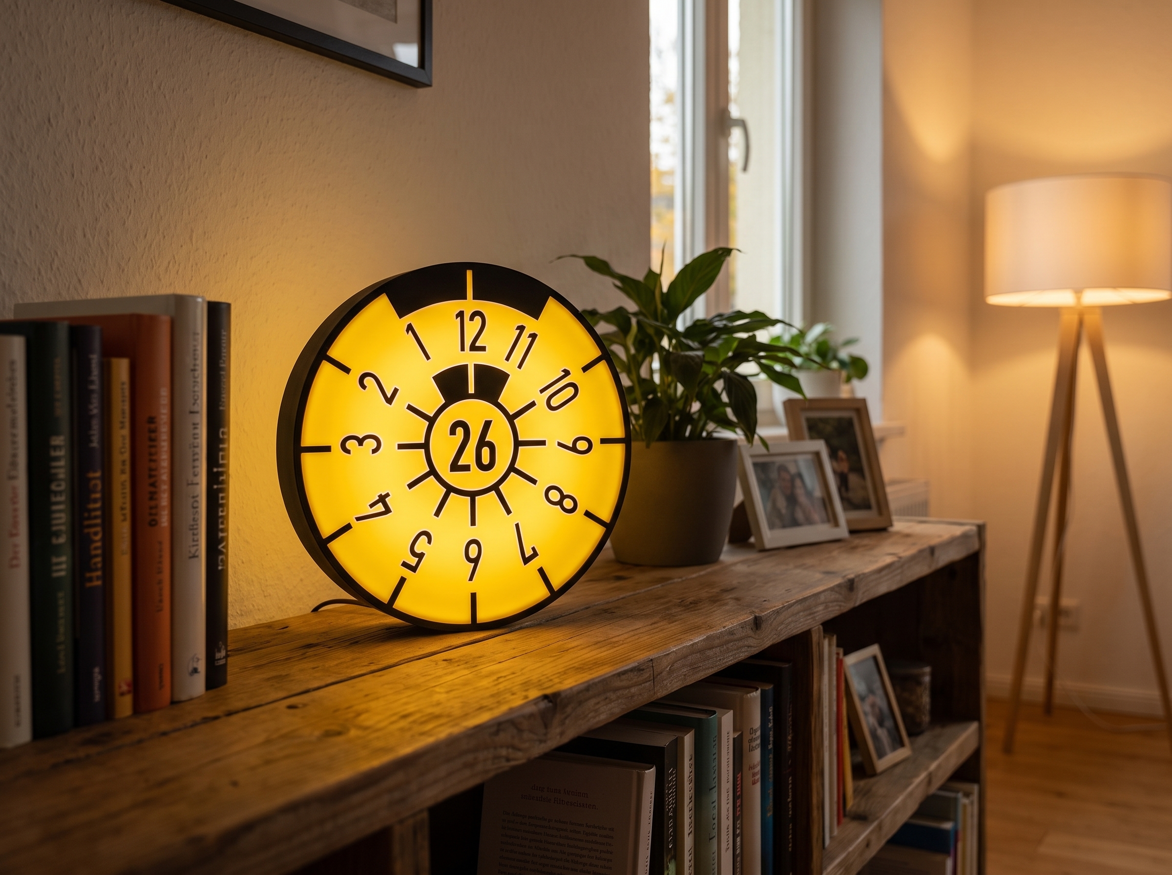 Leuchtende HU-Plakette-Lampe in Blau mit Ziffer 77 als Lieblingsjahr in Wunschfarbe im Wohnzimmer