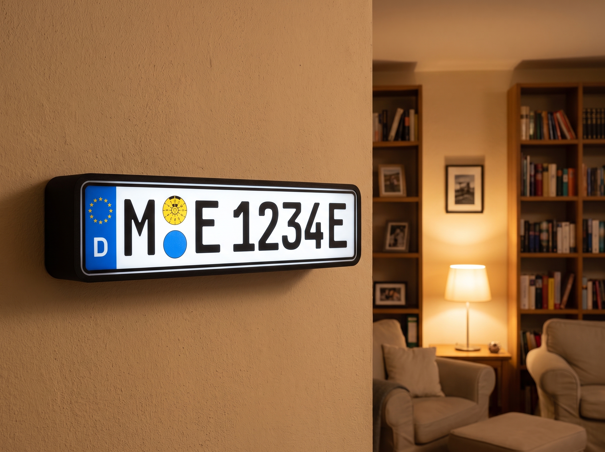 Leuchtende Auto-Kennzeichen-Lampe mit schwarzem E am Rand für Elektroauto-Fans