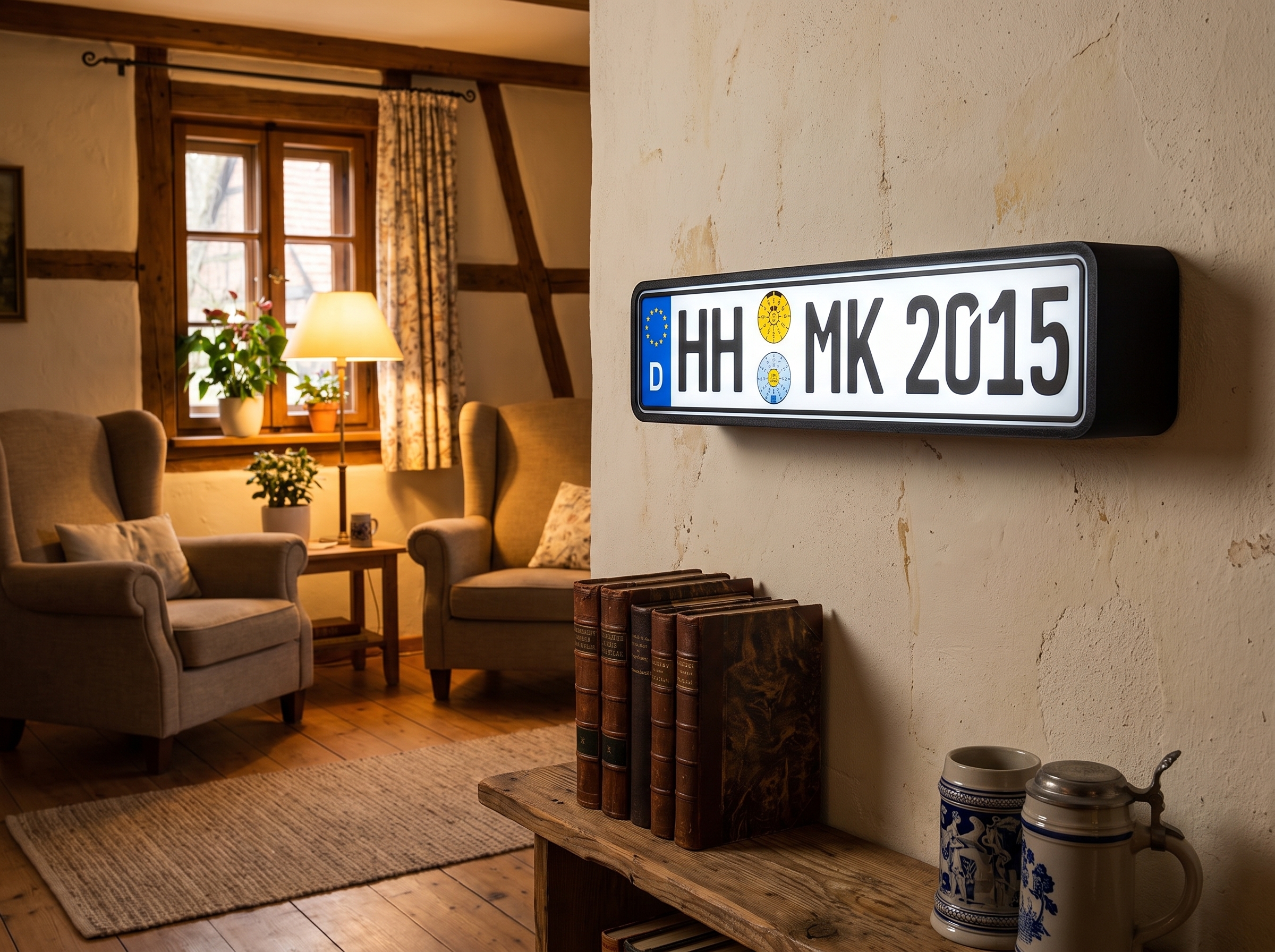 Leuchtende Auto-Kennzeichen-Lampe mit Stadt-Code, Initialen und Wunschzahl auf einem Sideboard im Wohnzimmer