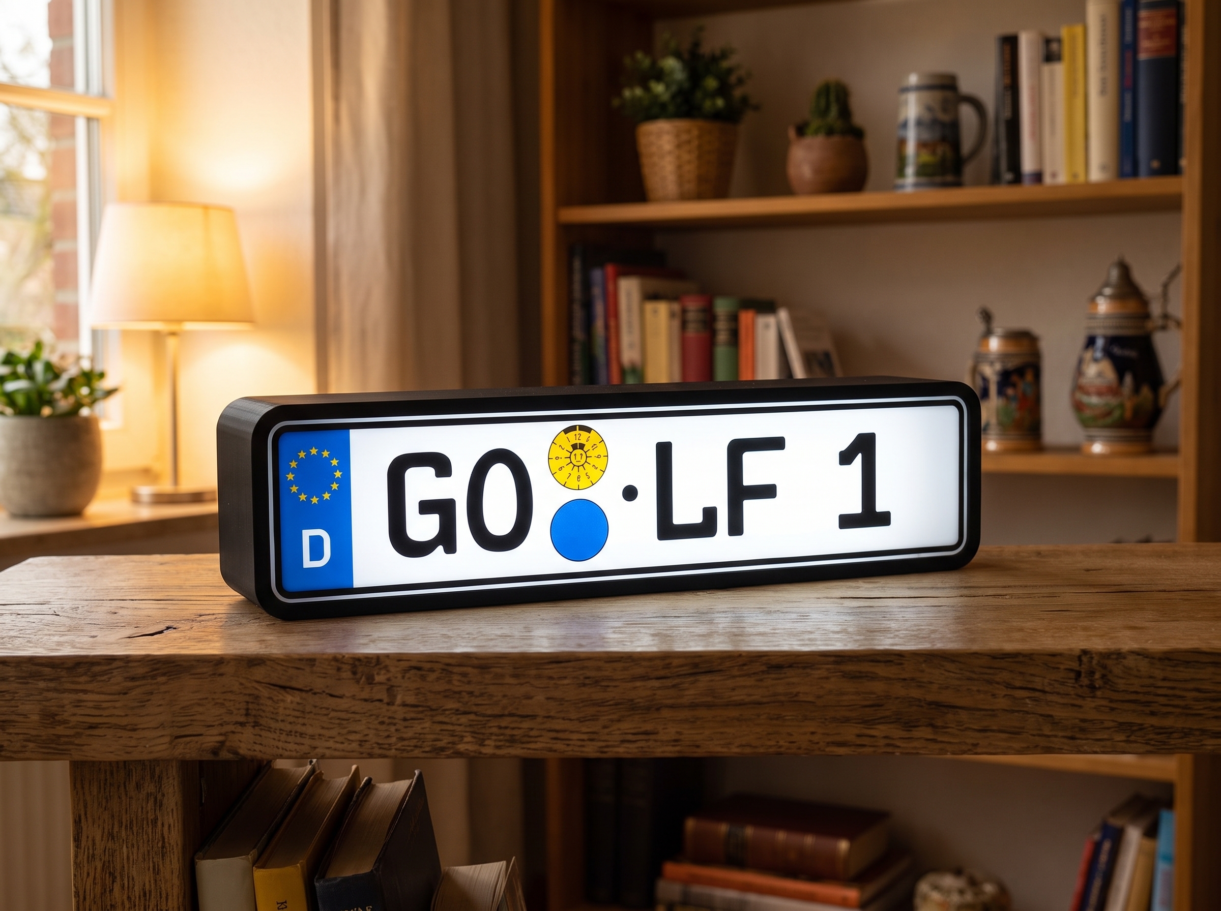 Leuchtende Auto-Kennzeichen-Lampe als Wortspiel auf einer Konsole im Flur