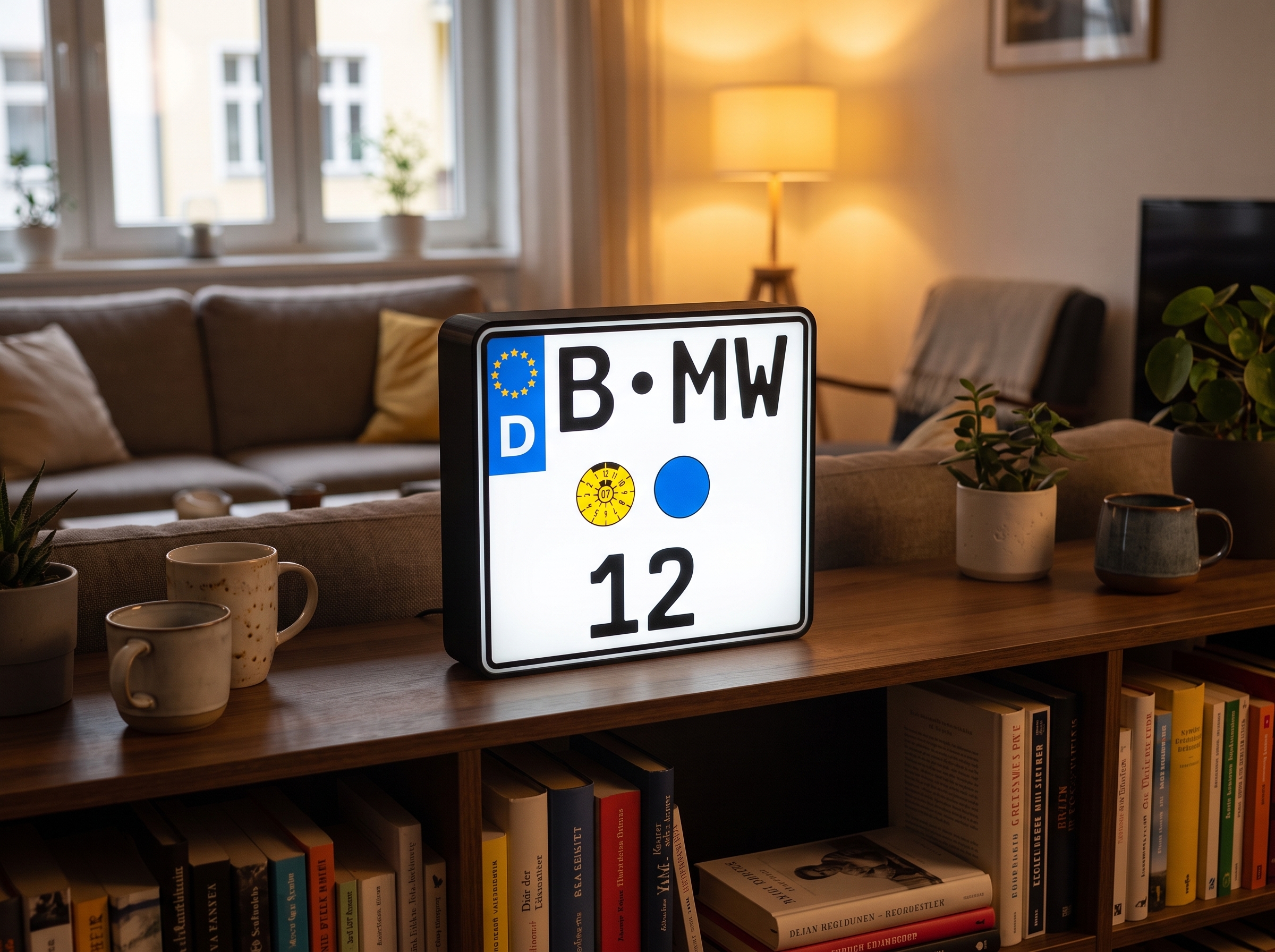 Leuchtende Motorrad-Kennzeichen-Lampe mit Kennzeichen HH-RR 7 als Geschenk auf einer Konsole im Flur