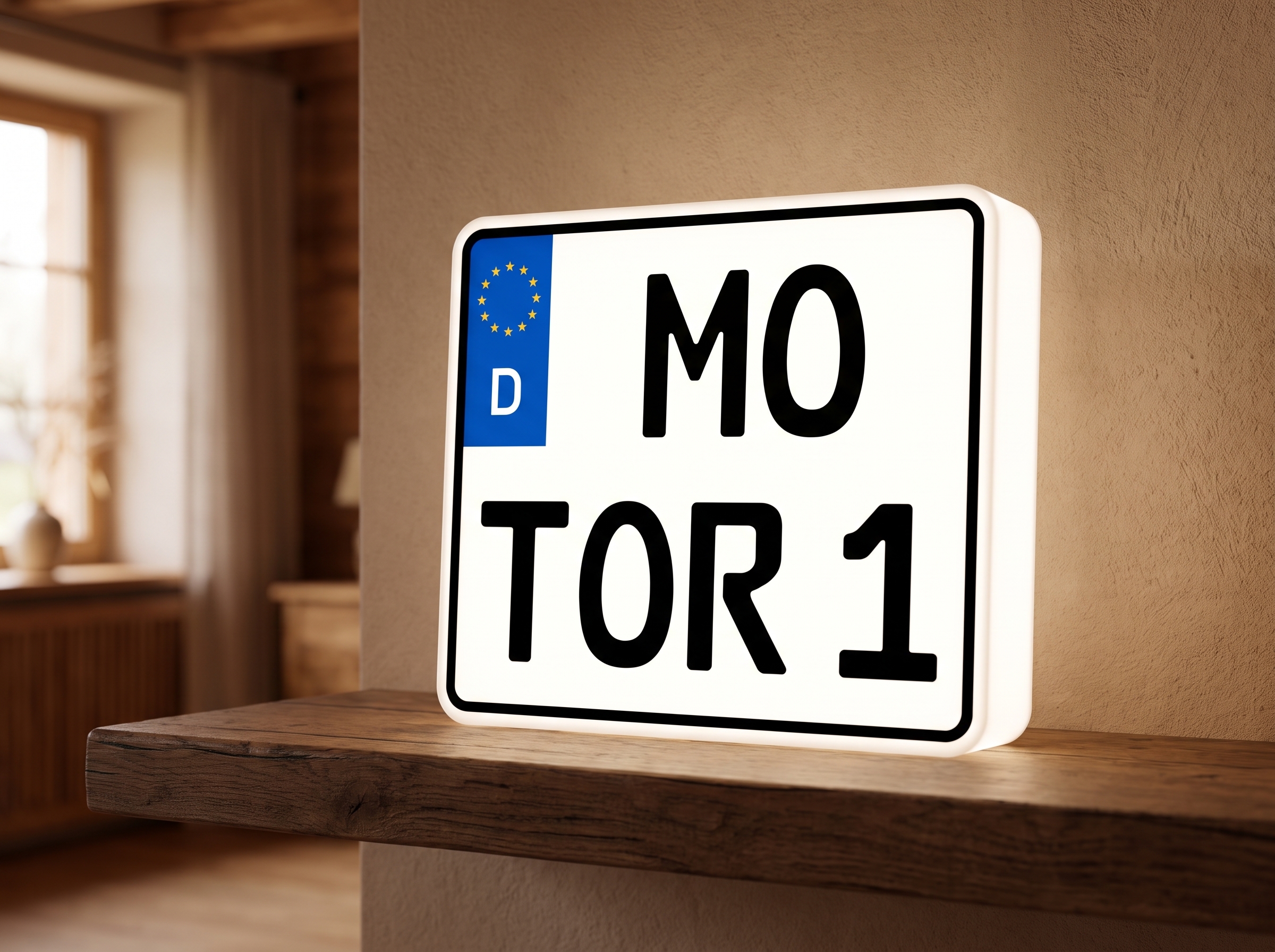 Leuchtende Motorrad-Kennzeichen-Lampe mit Wunschtext B-MO-TOR 1 in der Garage