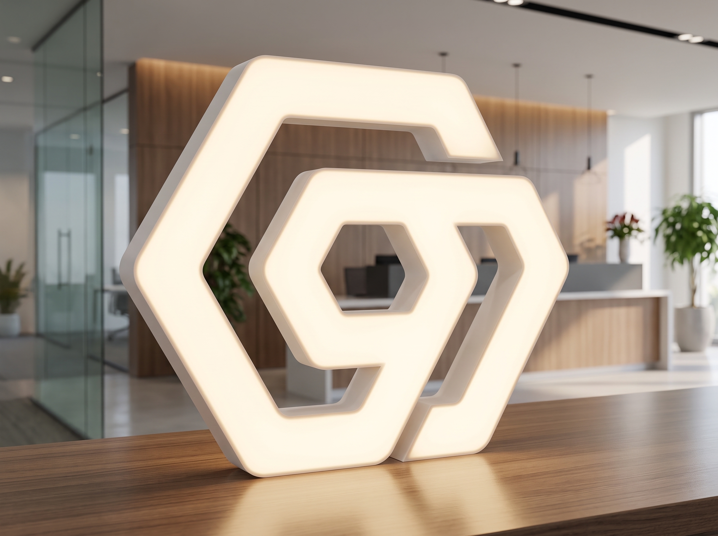 Leuchtende Logo-Lampe mit Firmenlogo auf einem Sideboard im Empfangsbereich