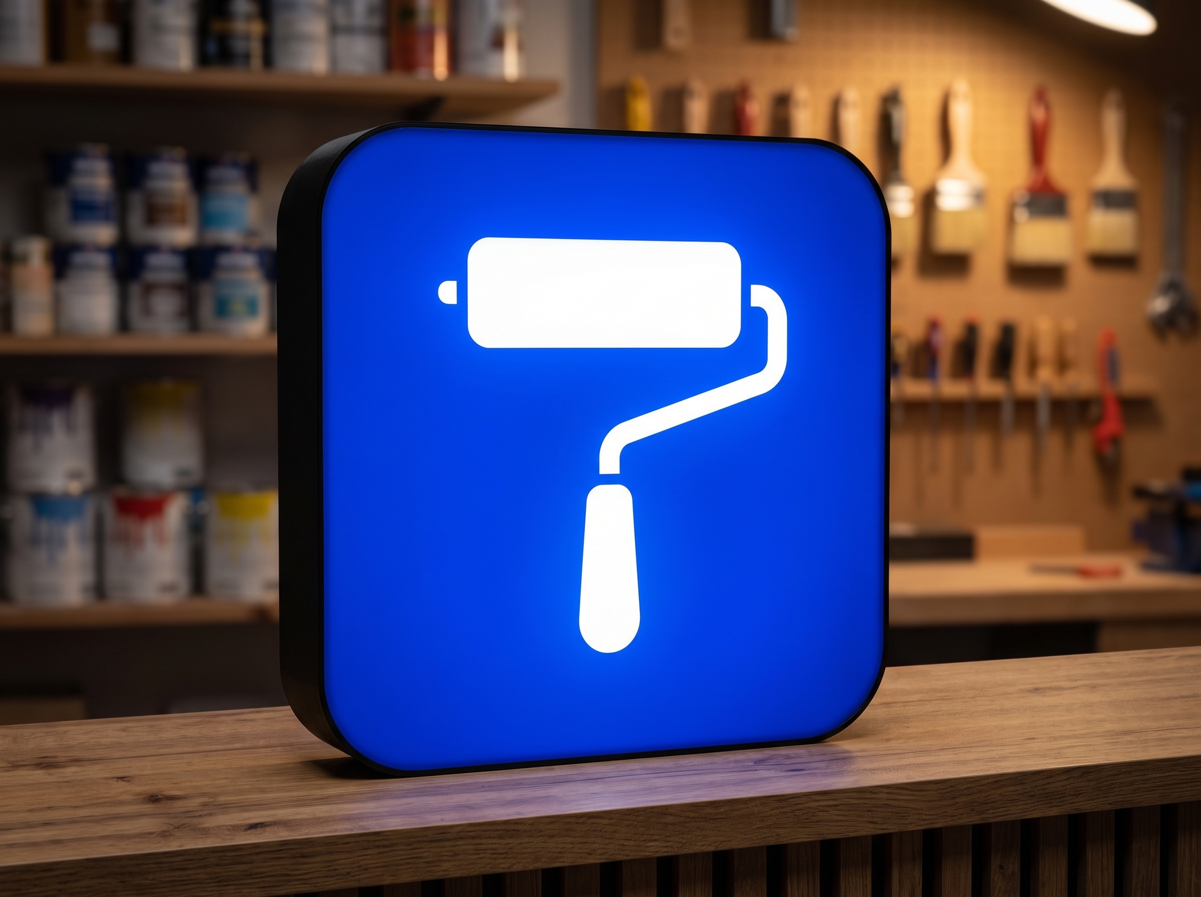 Leuchtende Logo-Lampe mit Handwerks-Firmenlogo auf einer Konsole im Wohnzimmer