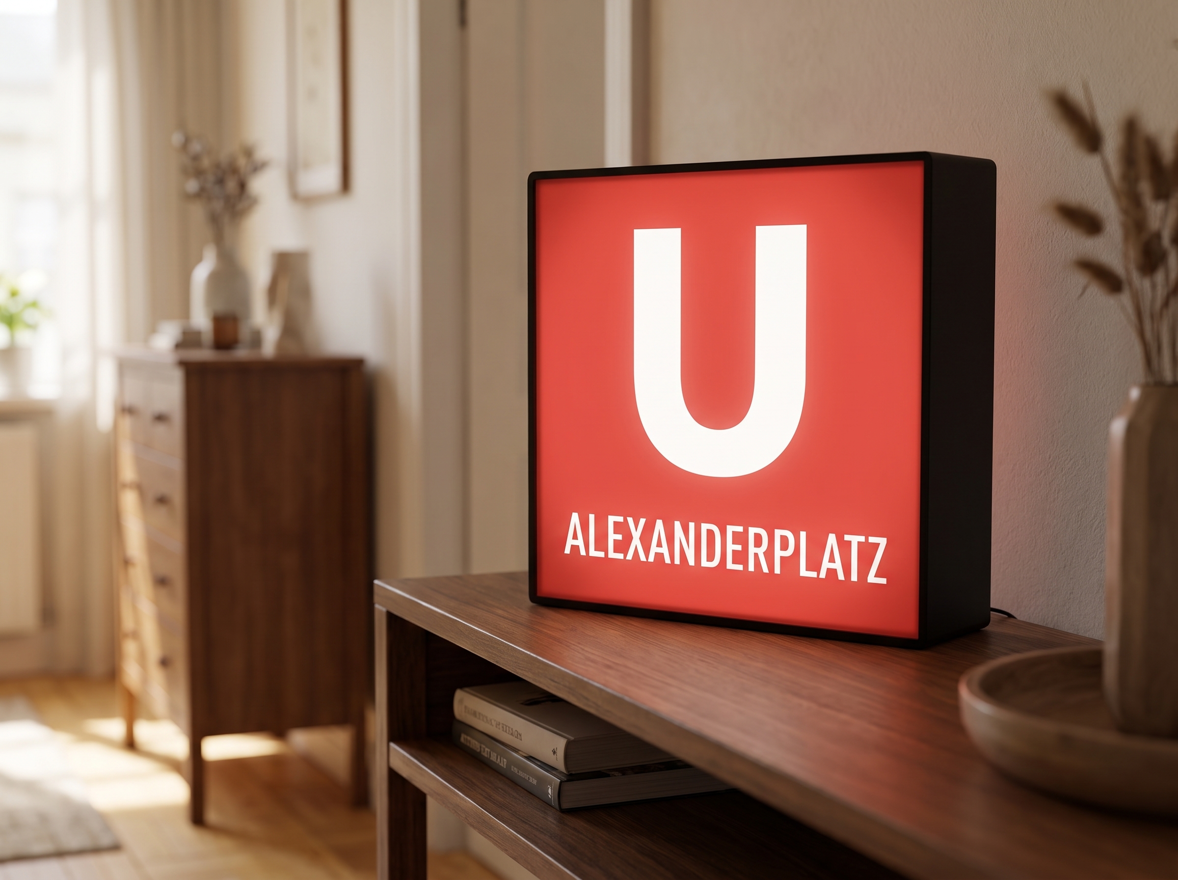 Leuchtende U-Bahn-Station-Lampe Alexanderplatz in roter Linie U2 auf einer Konsole im Flur