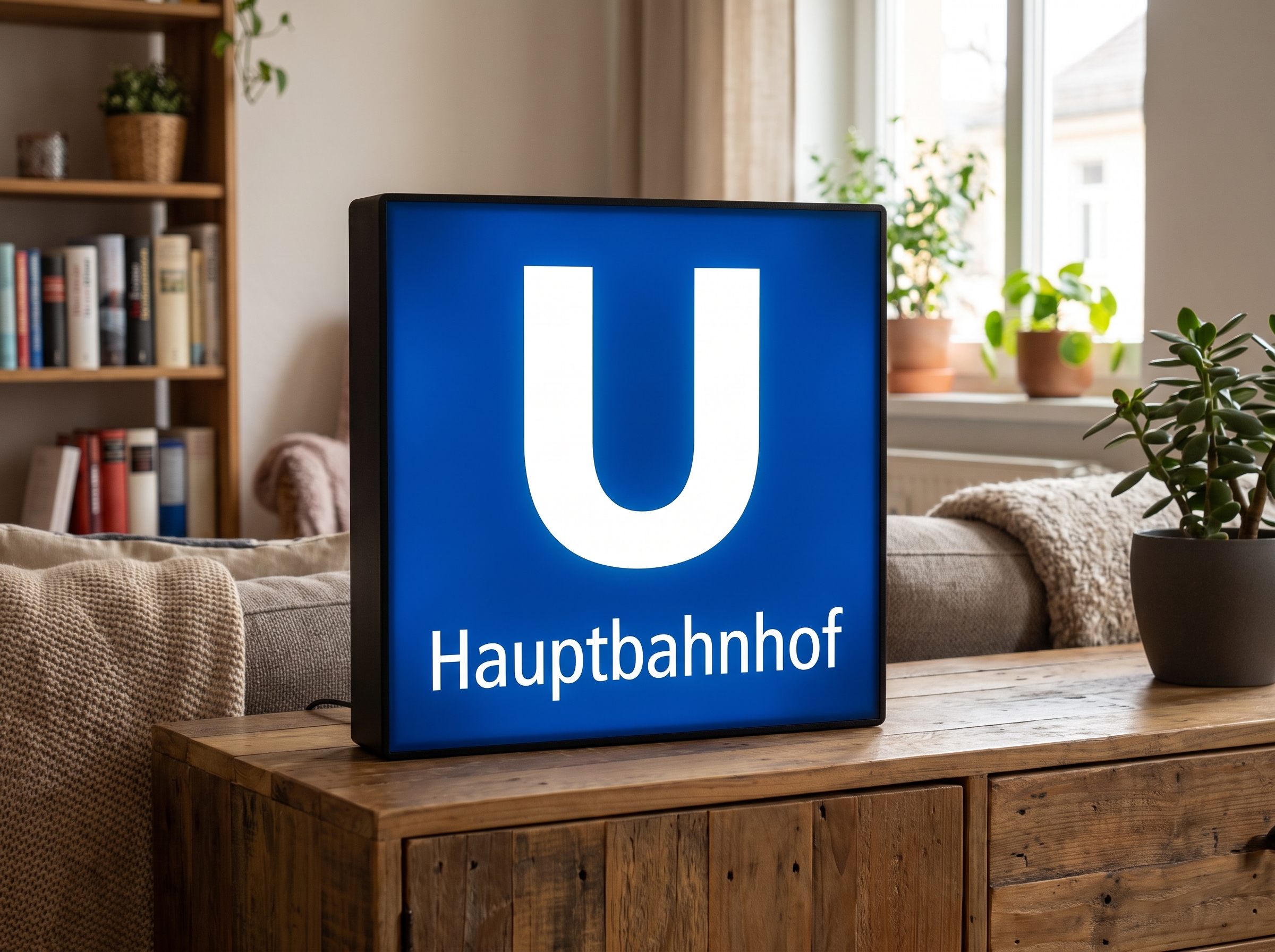 Leuchtende U-Bahn-Station-Lampe Hauptbahnhof in dunkelblauer Linie U8 auf einem Sideboard im Wohnzimmer